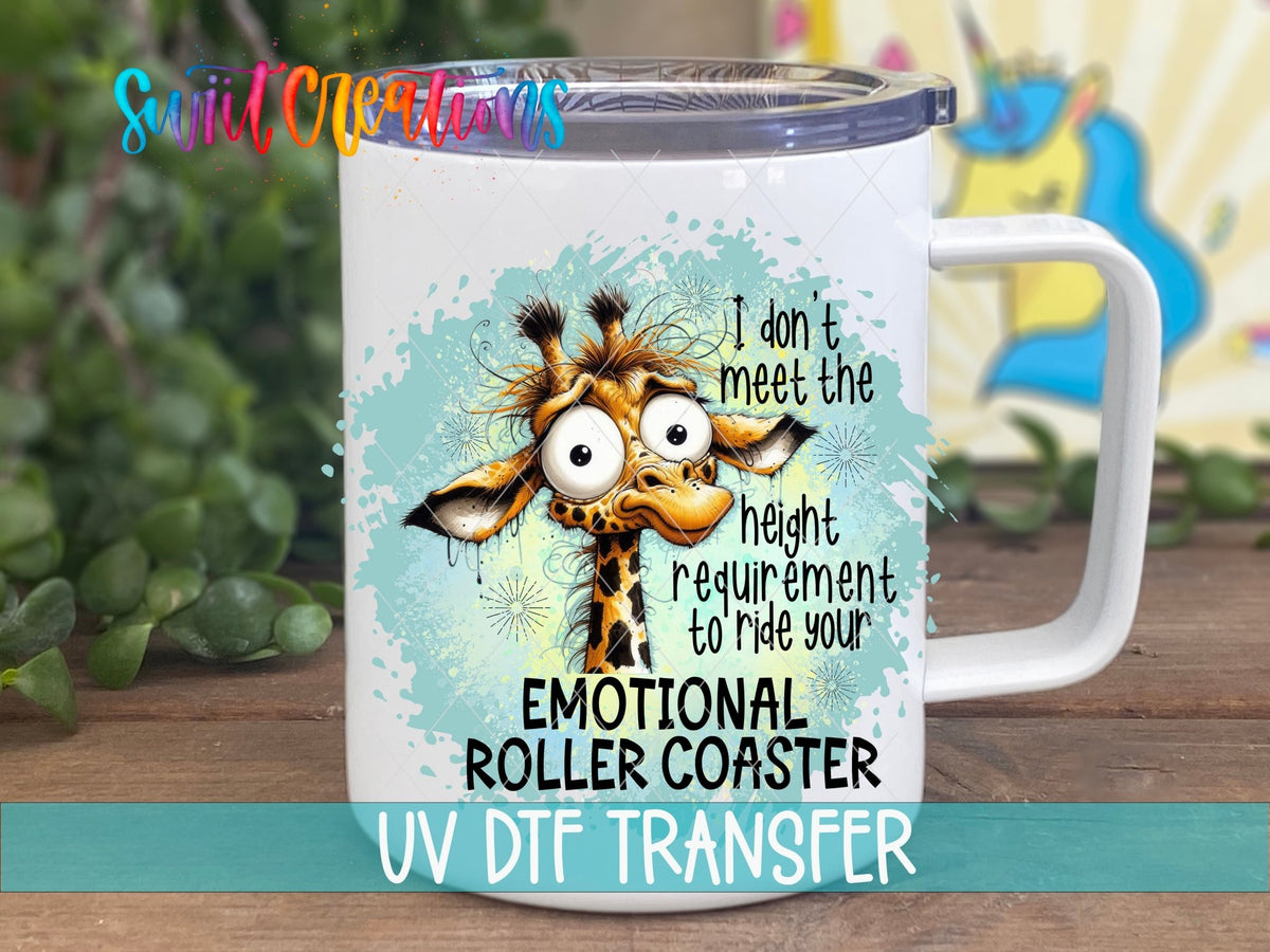 Swiit Creations UV DTF Emotional Roller Coaster transfer displayed on a white coffee mug