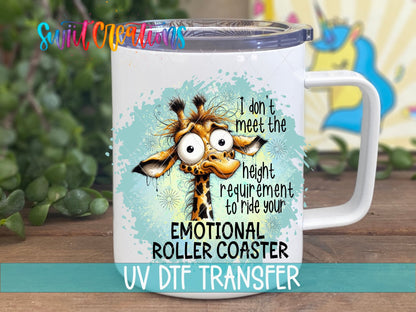 Emotional Roller Coaster UV DTF transfer on a white stainless steel mug with a lid