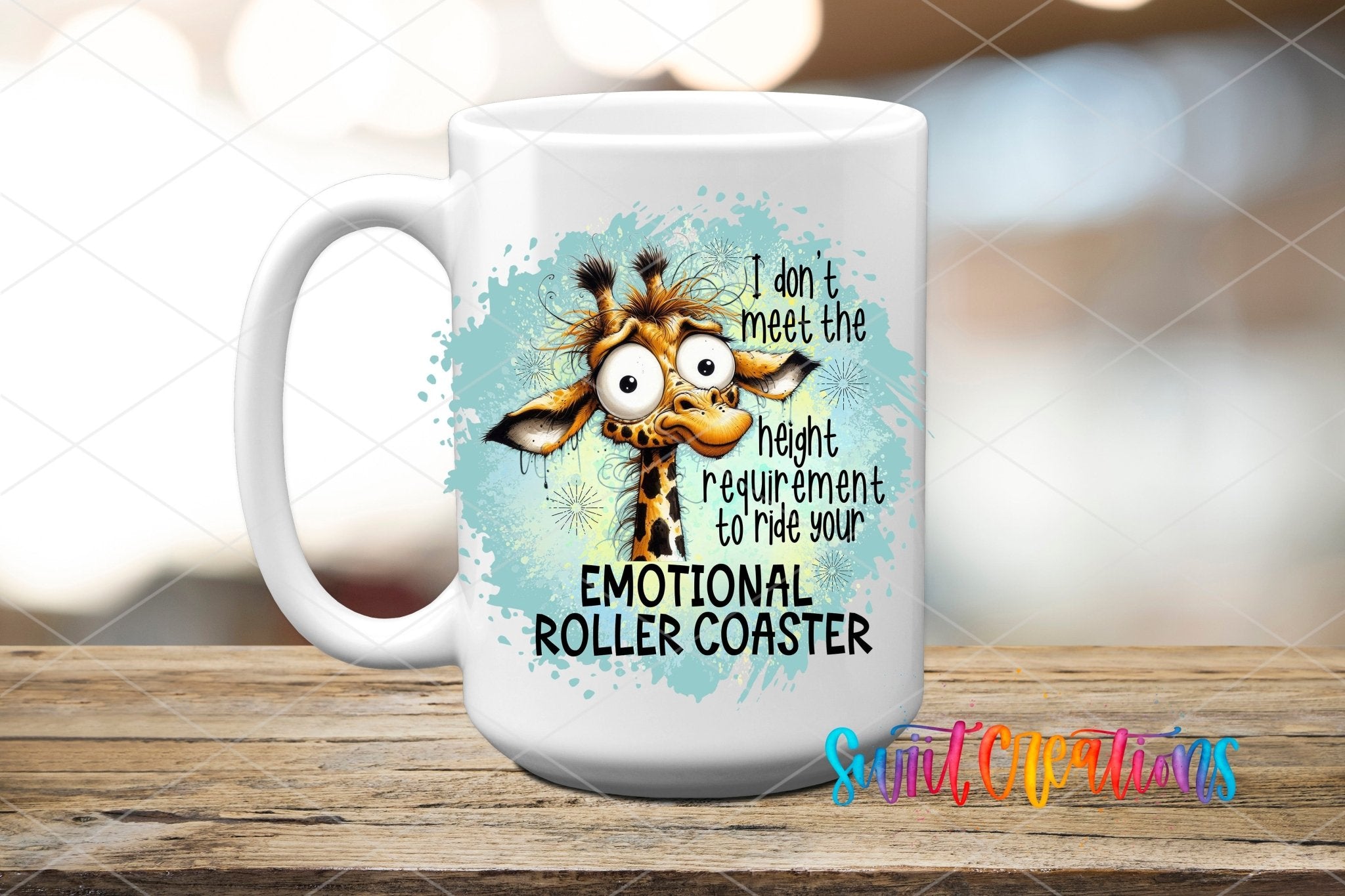 Swiit Creations UV DTF Emotional Roller Coaster transfer applied to a white ceramic mug