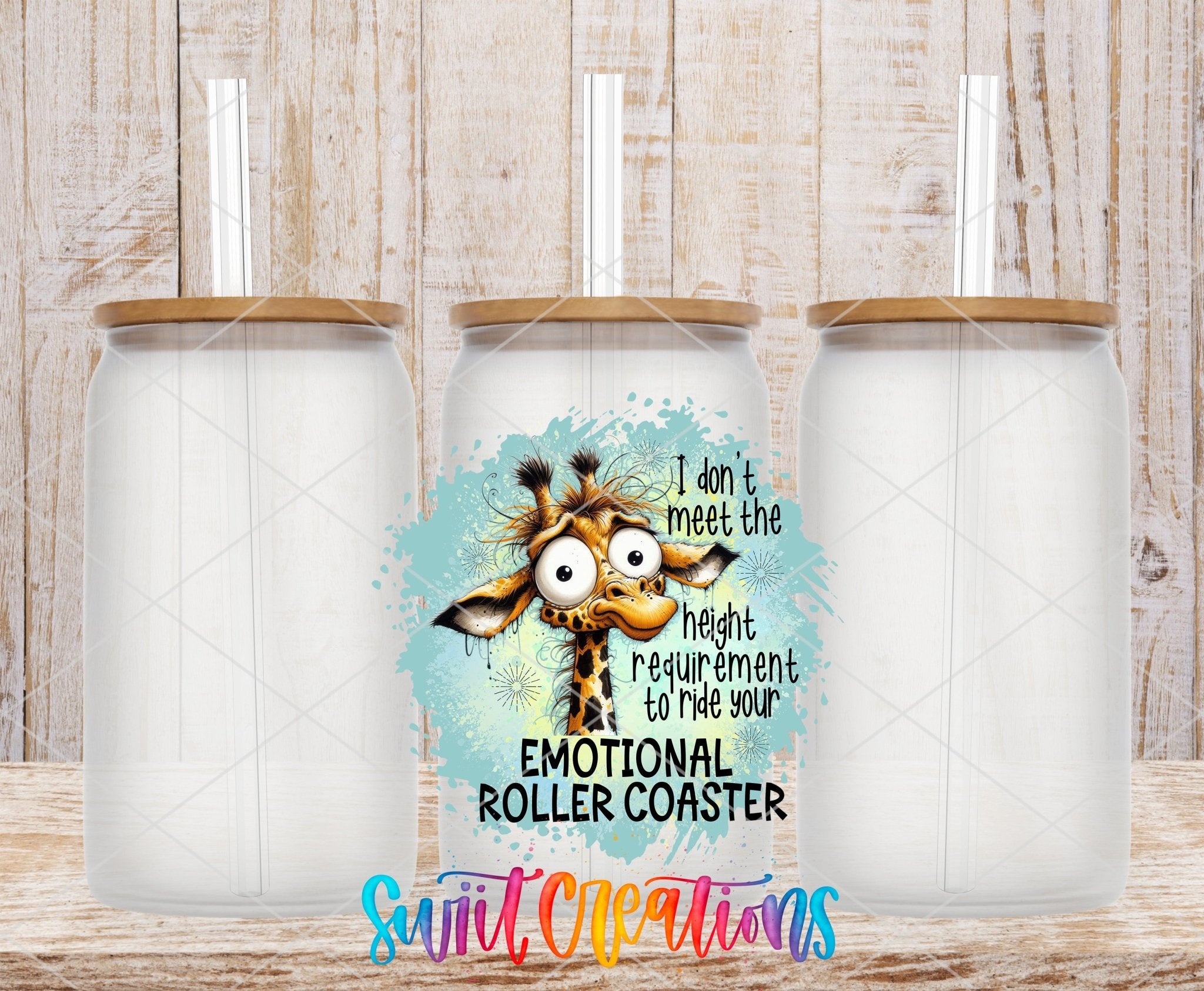 Swiit Creations UV DTF Emotional Roller Coaster transfer shown on a clear glass can set