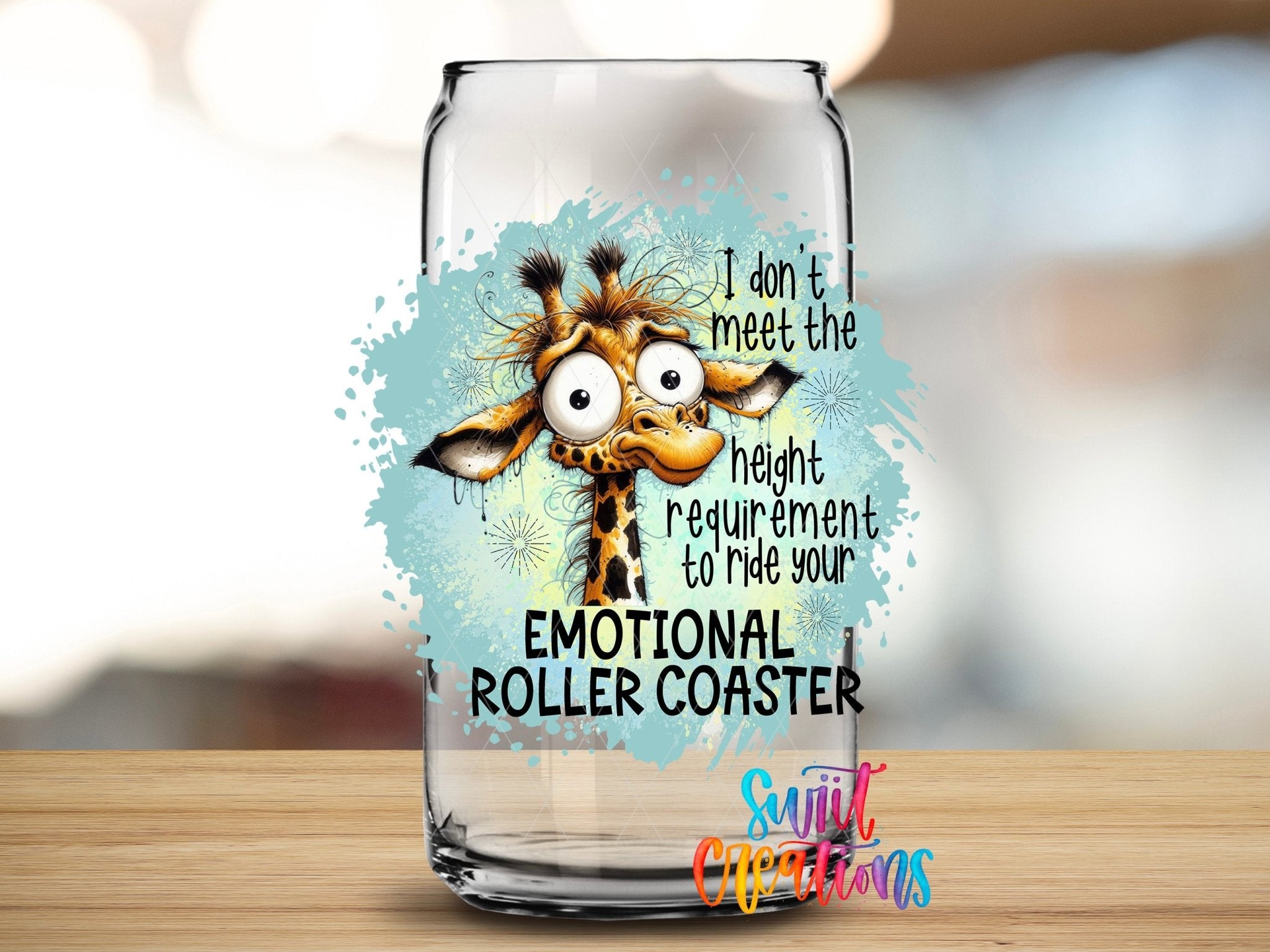 Swiit Creations UV DTF Emotional Roller Coaster transfer applied to a clear glass can