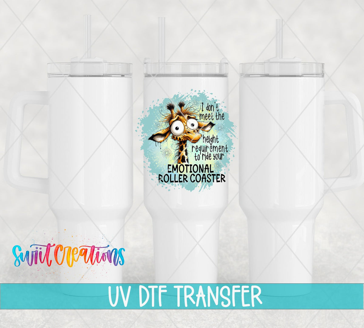 Swiit Creations UV DTF Emotional Roller Coaster transfer shown on a white tumbler set