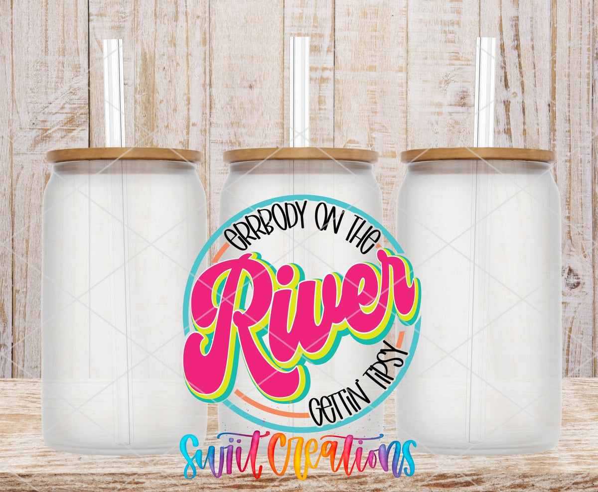 Errbody on the River Gettin' Tipsy UV DTF transfer on frosted glass cans with bamboo lids