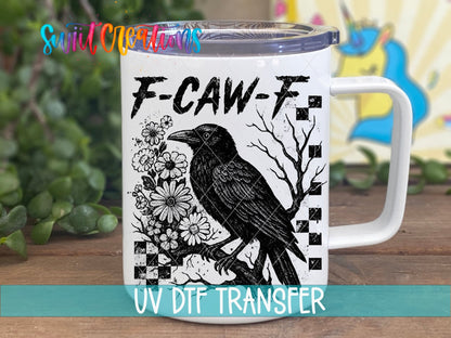 F-CAW-F black raven and flowers UV DTF transfer on a white stainless steel mug with a lid