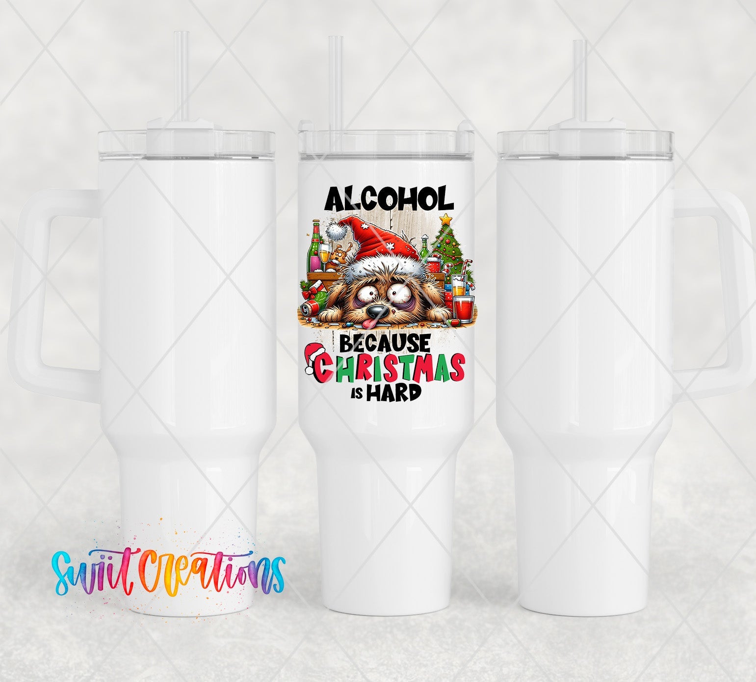 a white tumbler cup with a santa clause on it