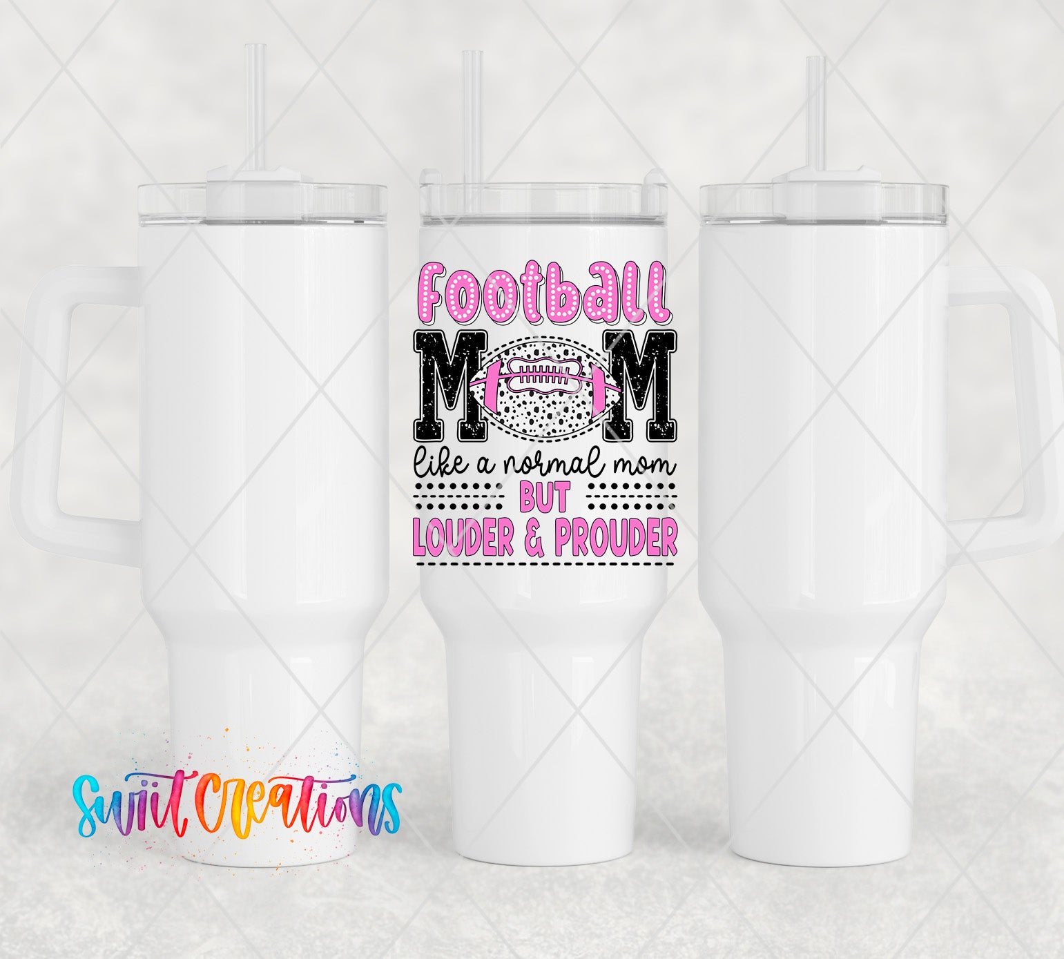 two white travel mugs with the words football mom on them