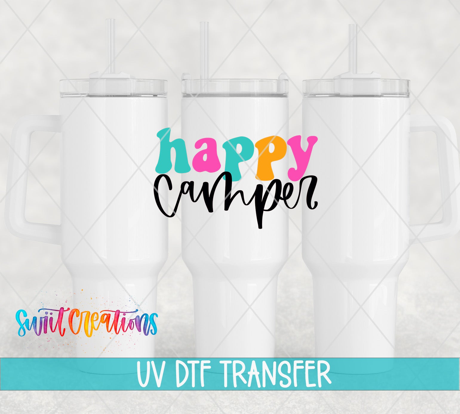 three white ceramic mugs with colorful text and straws on top, along with a watermark that says "UV Dtf Transfer".