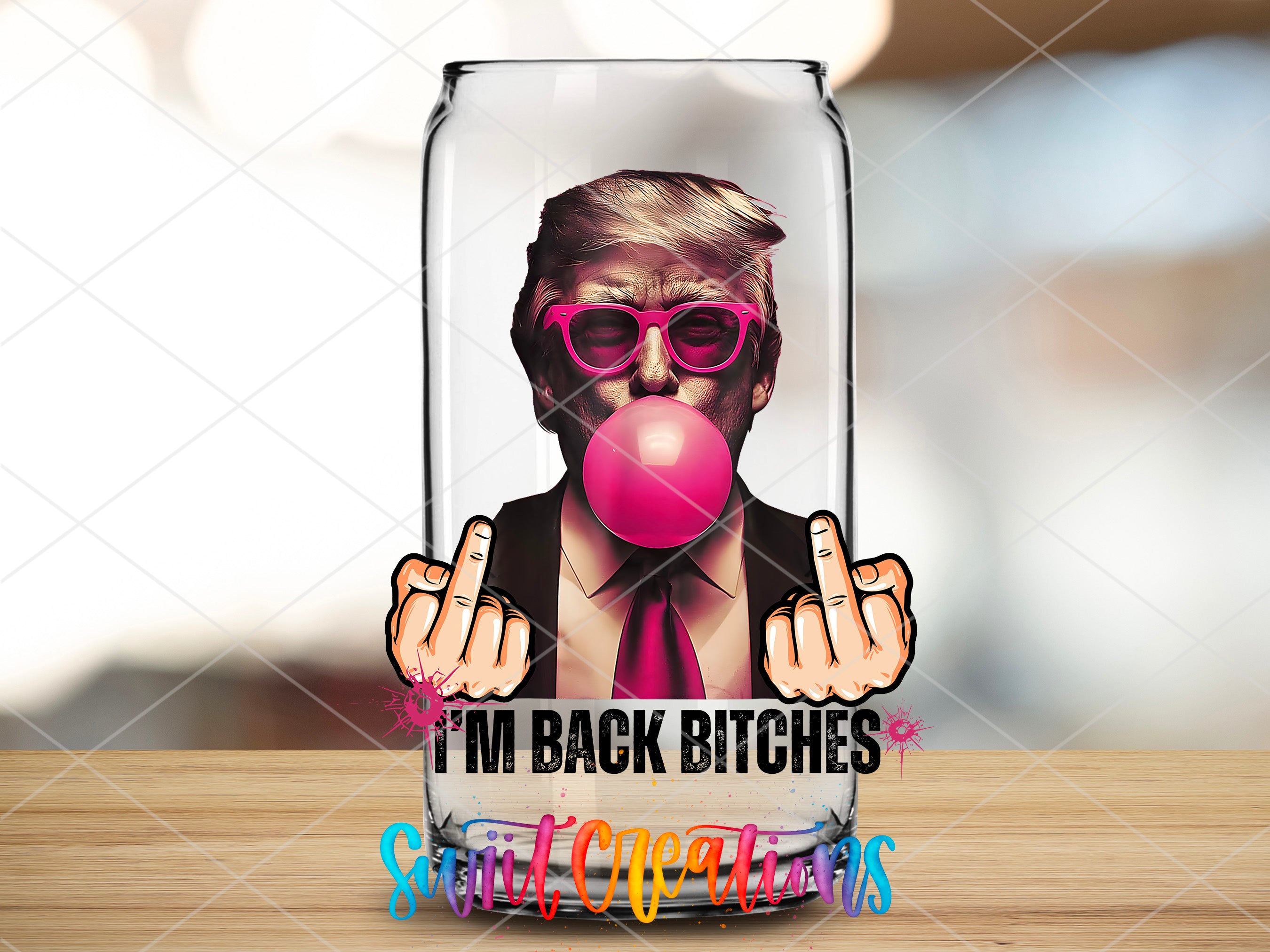 a glass with a picture of a man in a suit and tie blowing a bubble