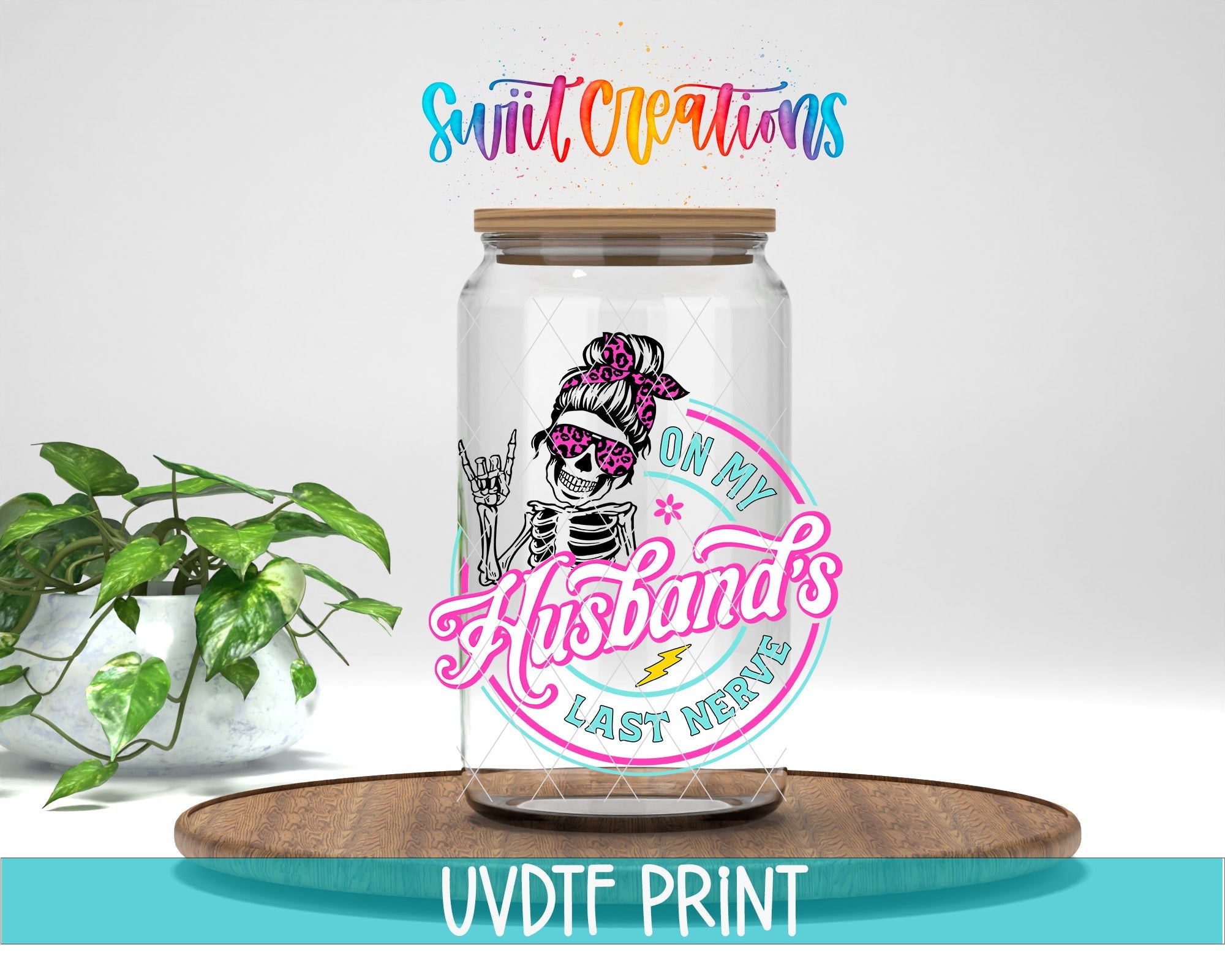 a glass jar with a sticker on top of it