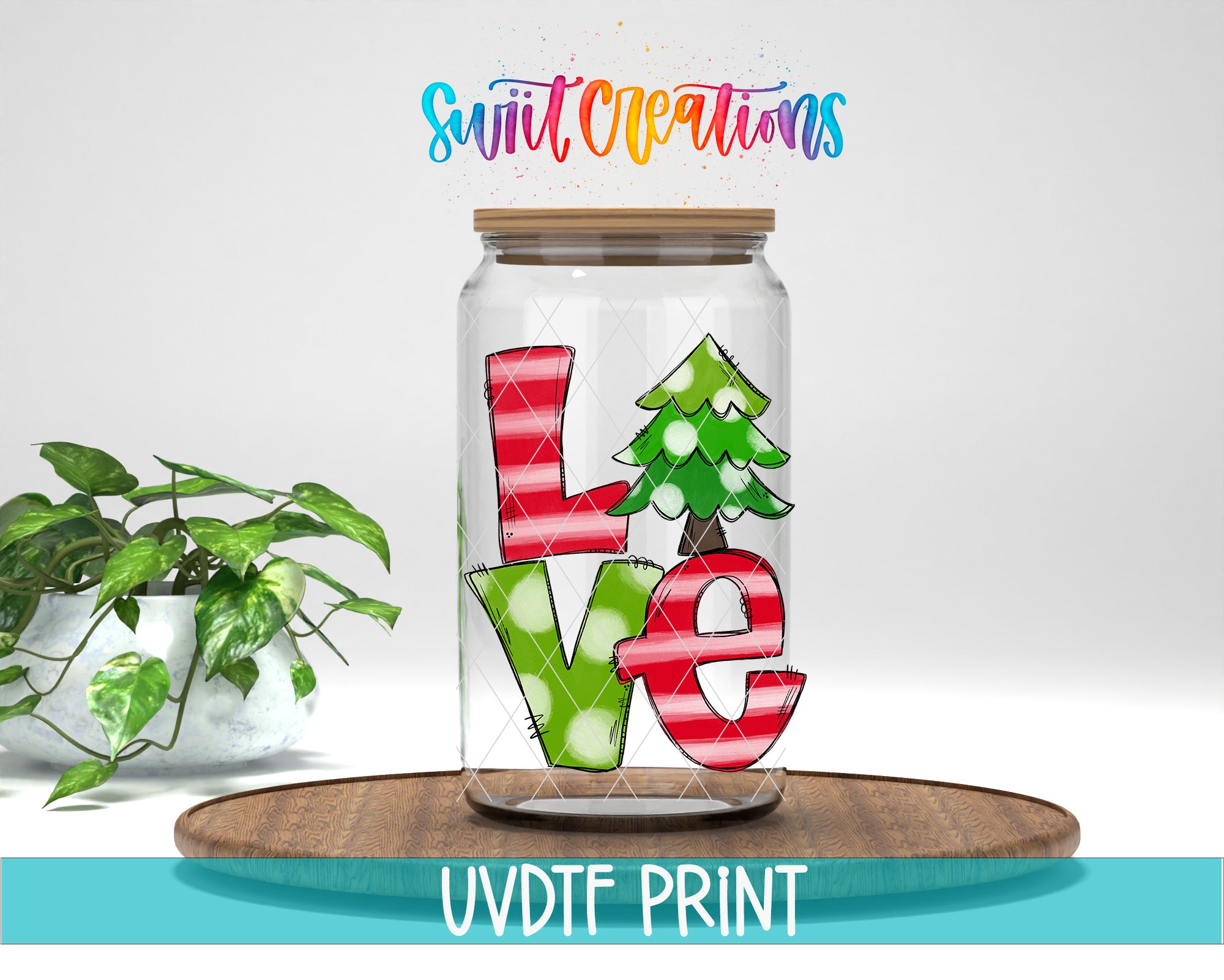 A glass jar with a wooden lid, containing a colorful design of the word "LOVE" in a stylized font. The jar is placed on a wooden surface, and there is a potted plant in the background.