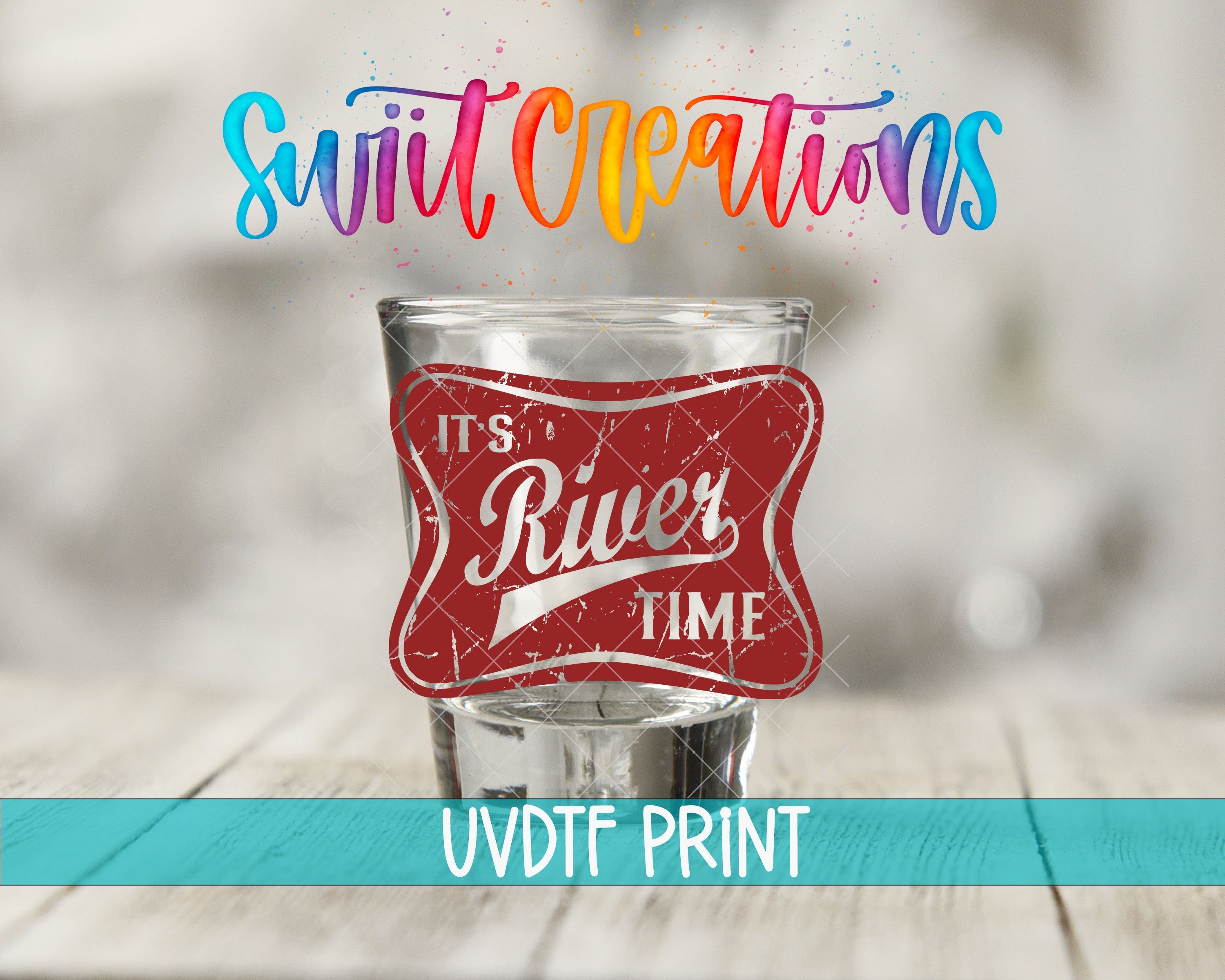 a shot glass with a red and white label on it