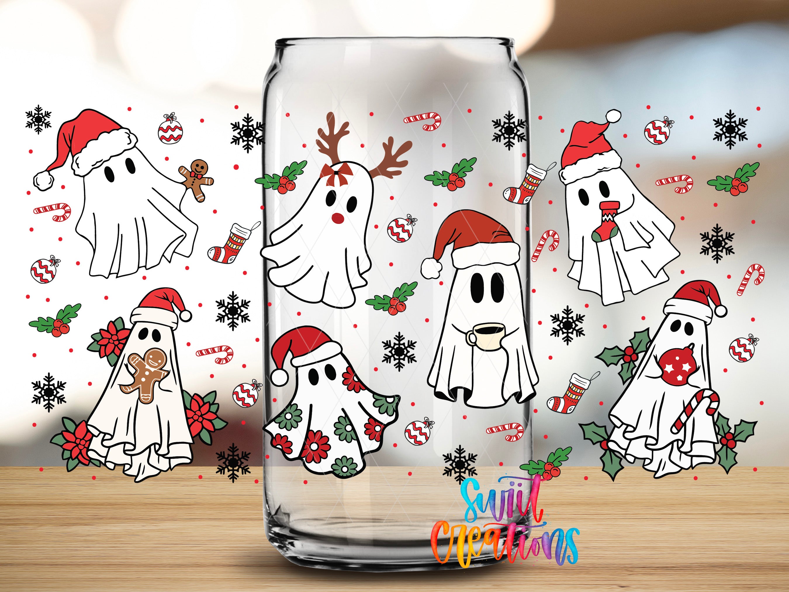 A glass jar filled with various ghost-like figures wearing Santa hats, surrounded by festive holiday decorations such as snowflakes, candy canes, and holly leaves.