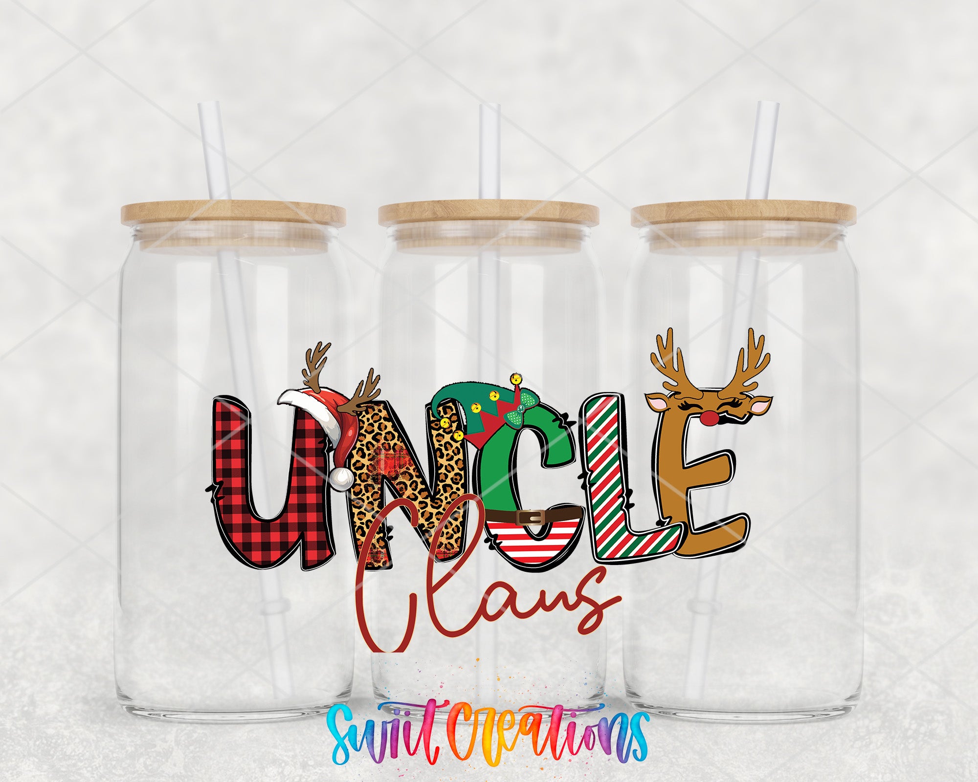 two clear tumblers with the words uncle claus on them
