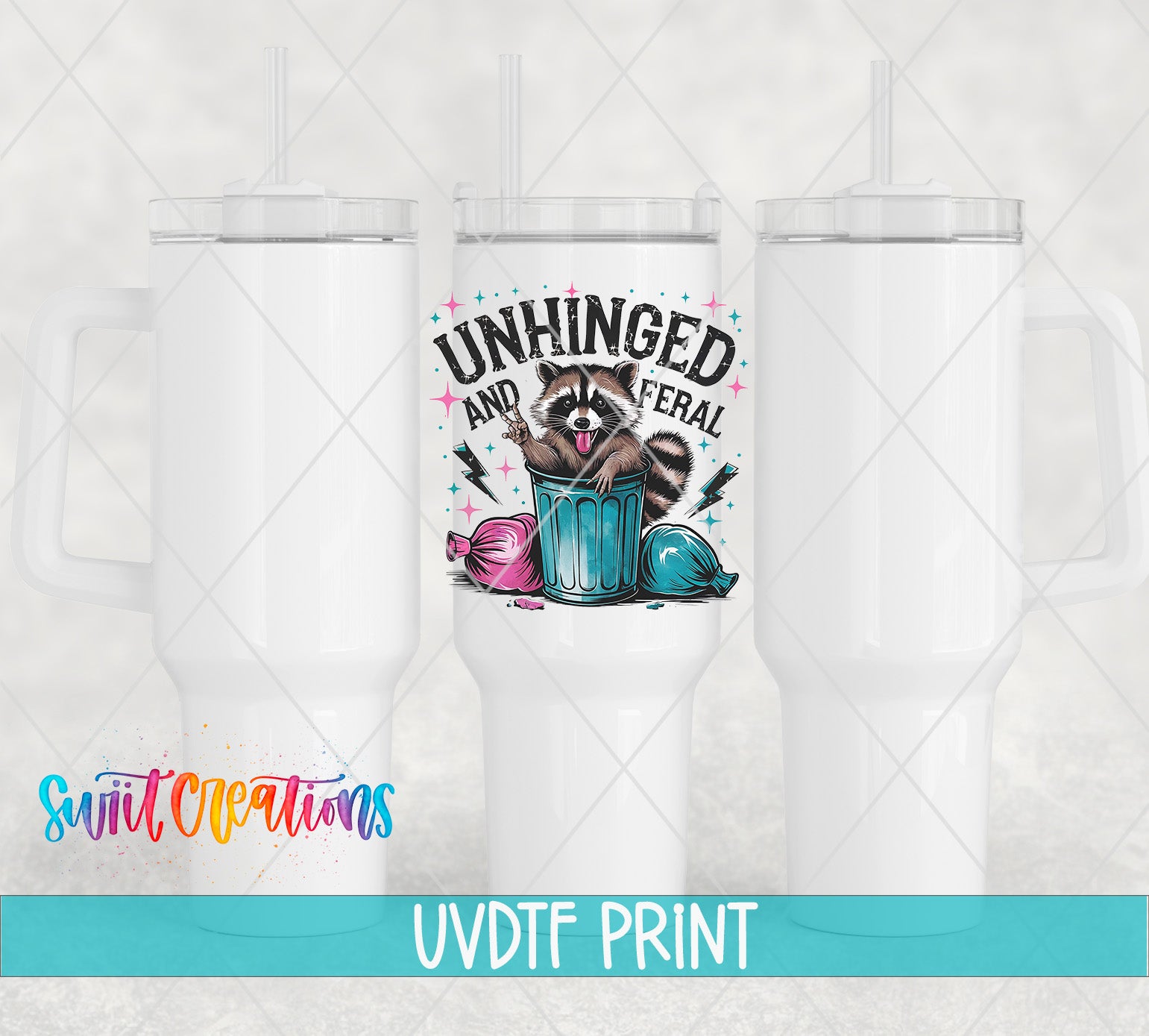 a white tumbler with a printed design on it, including a raccoon and various other elements.