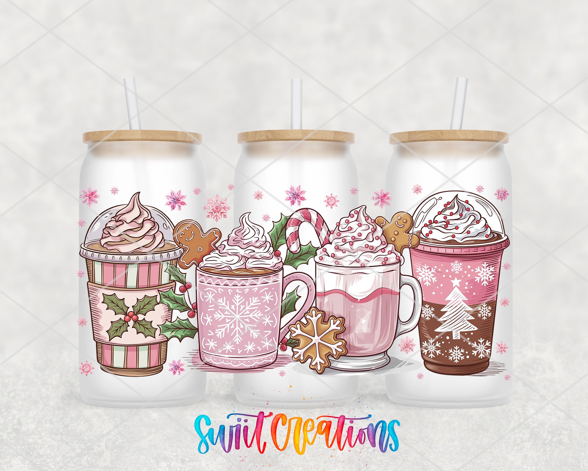 three mugs of hot chocolate, marshmallows, and whipped cream