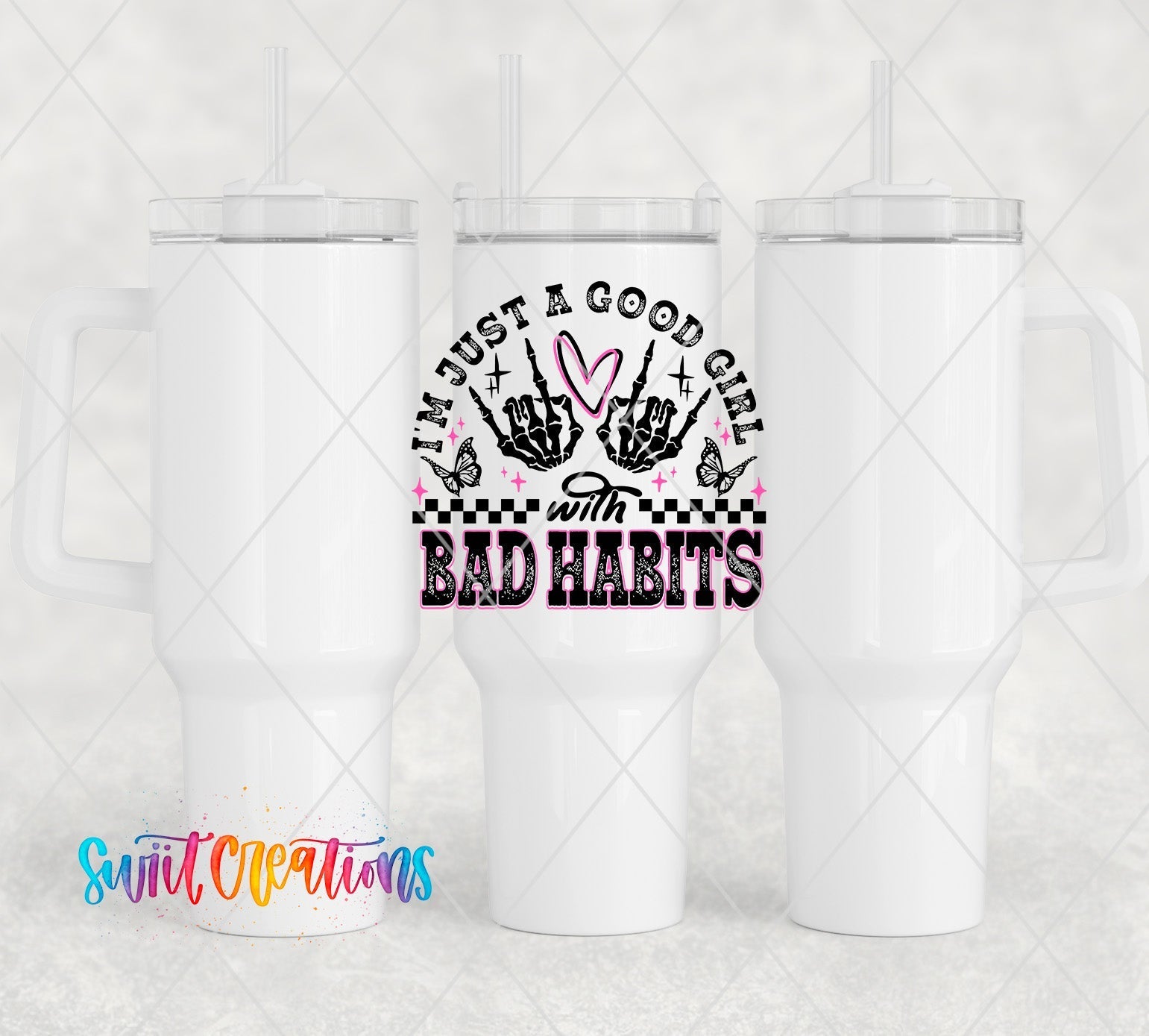 a couple of white coffee mugs sitting next to each other