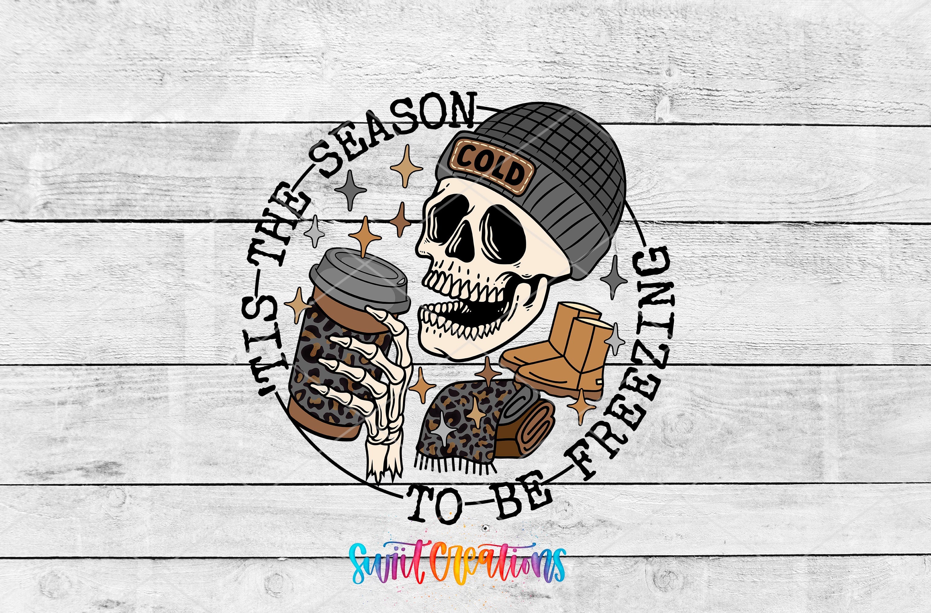 a skull holding a cup of coffee while wearing a beanie