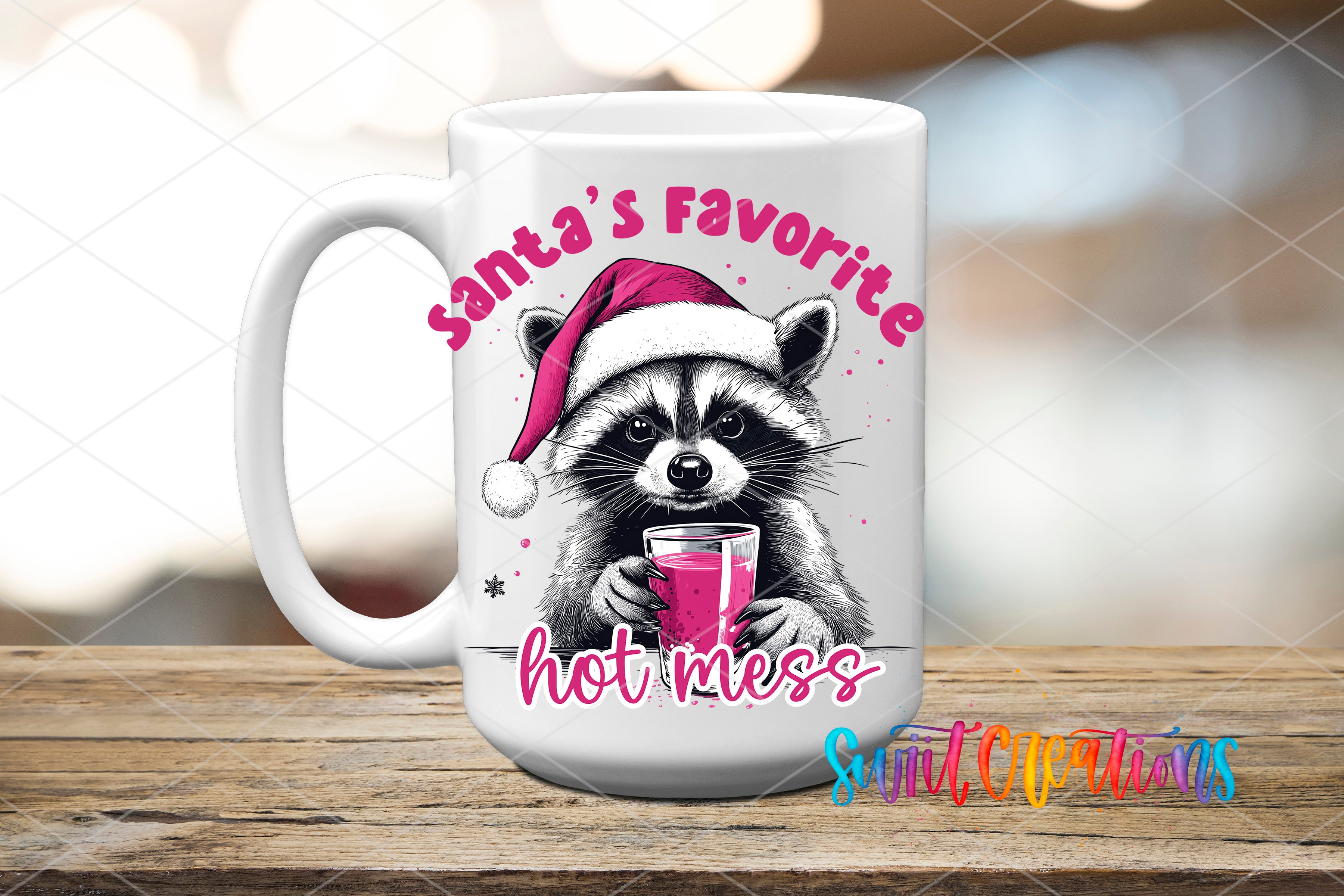 A white mug with a raccoon wearing a Santa hat and holding a drink, along with the text "Santa's Favorite hot mess" printed on it.