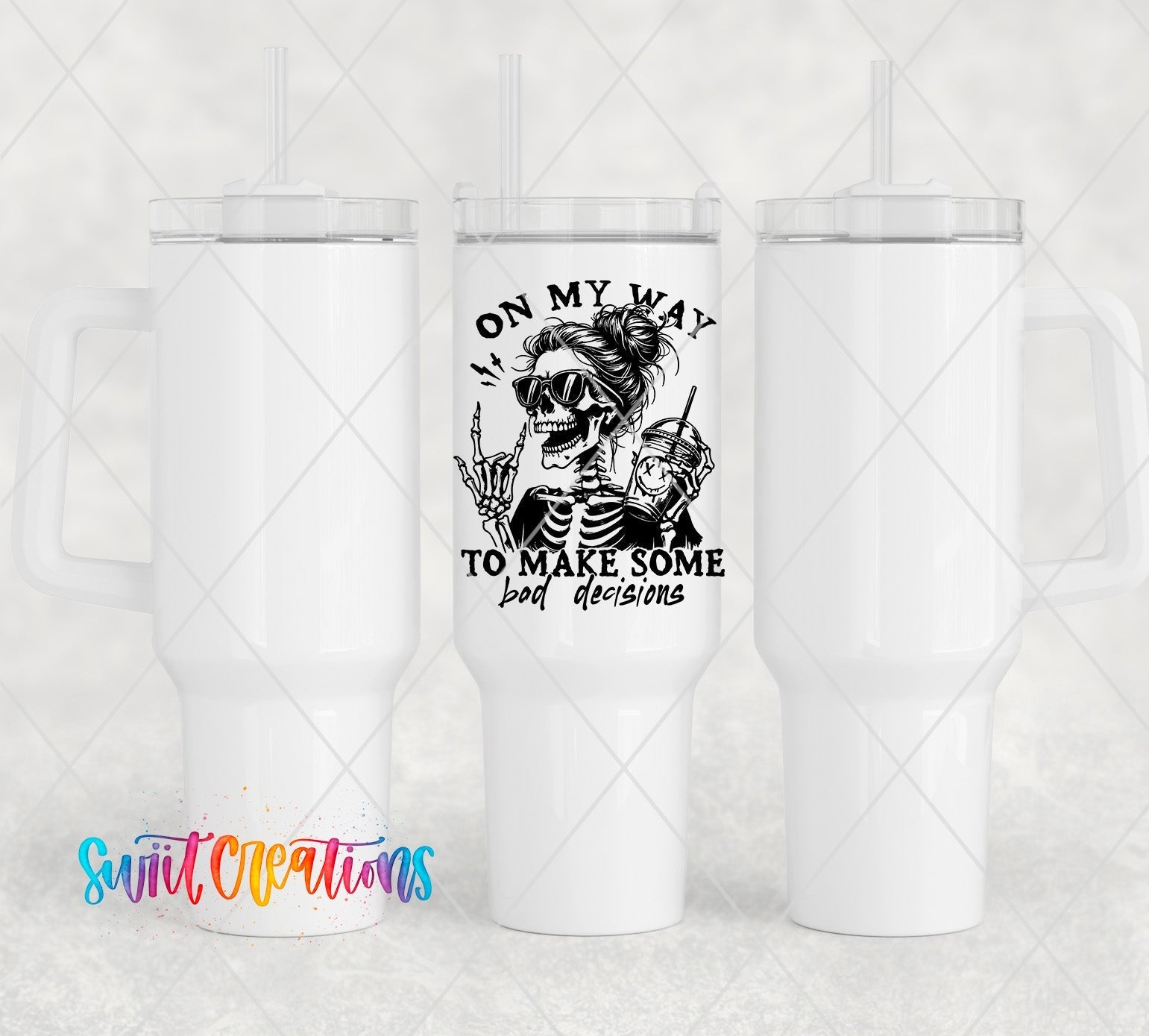 a white tumbler cup with a picture of a skeleton on it