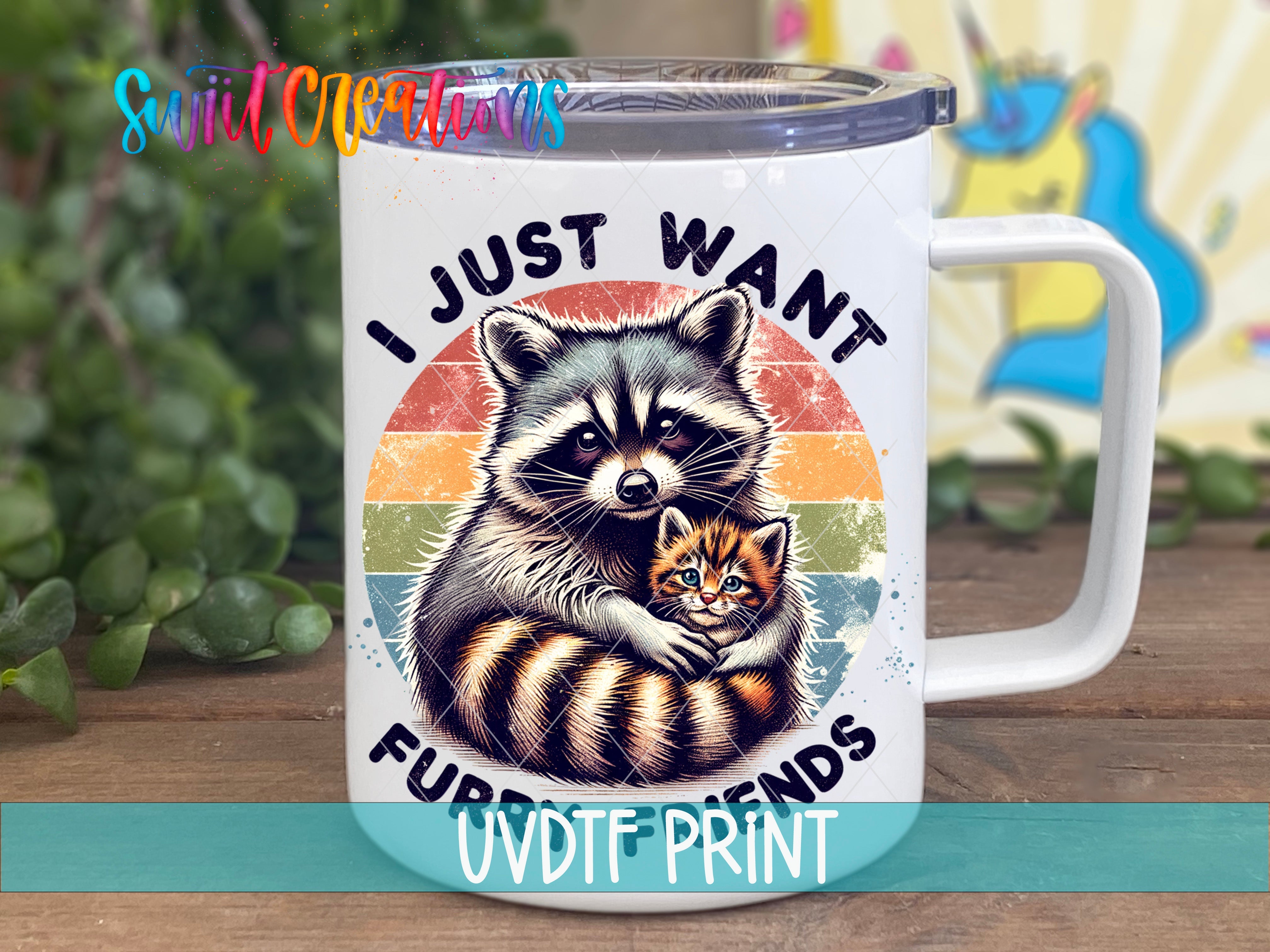 a raccoon holding a kitten on a white coffee mug