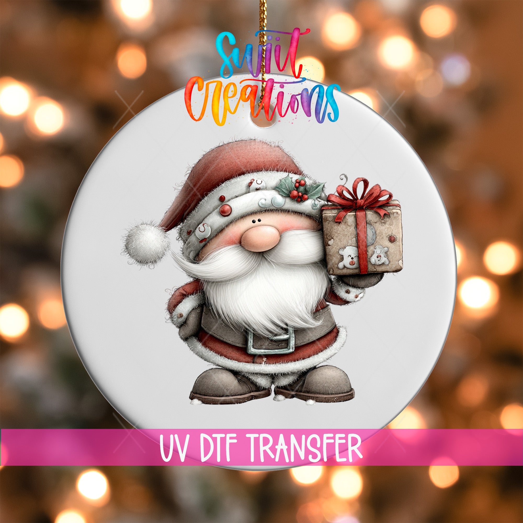 A white ornament with a Santa Claus figure holding a gift box, surrounded by a colorful, festive background with Christmas lights.