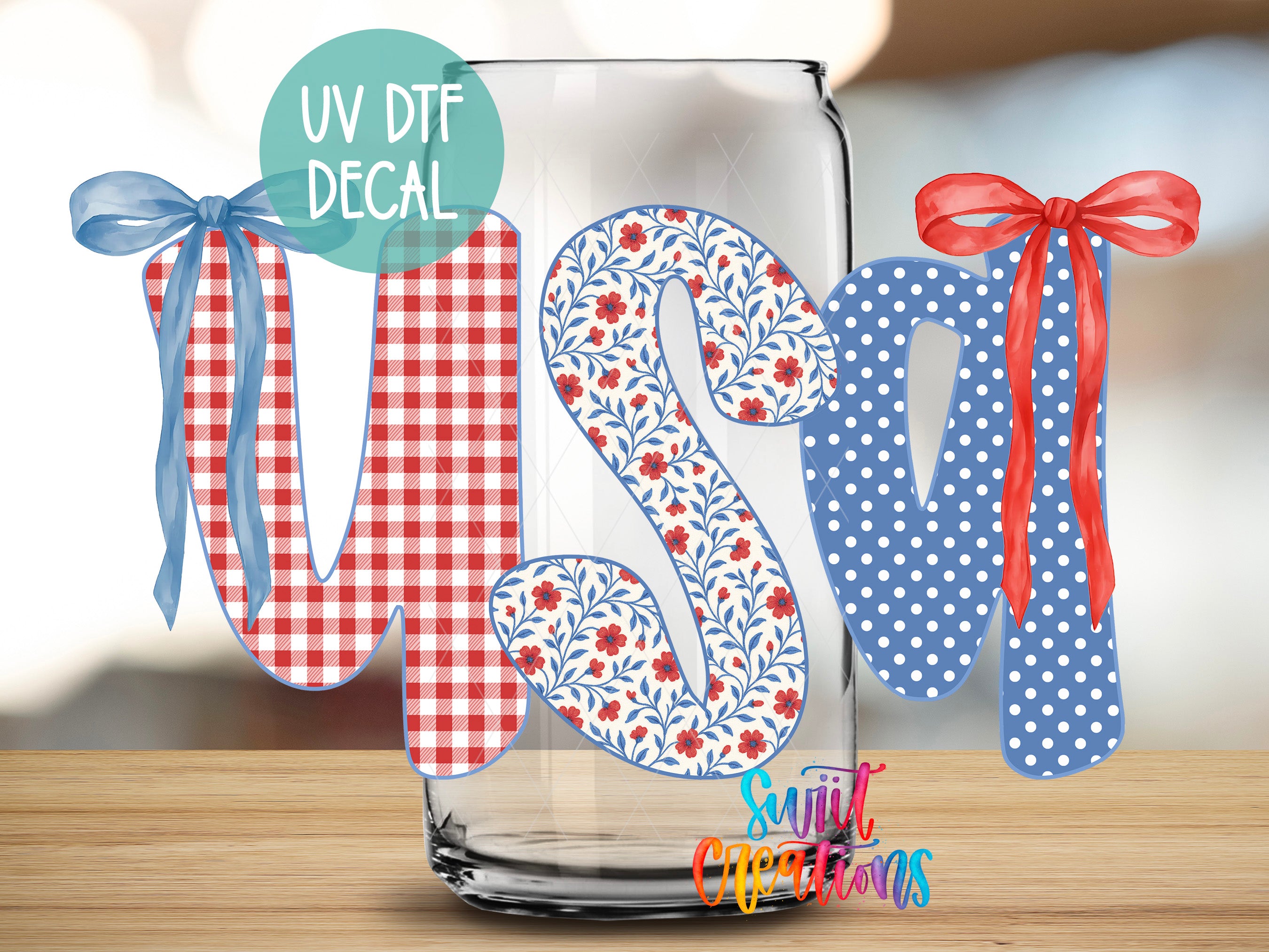 a glass with decorative letter cutouts in the shape of the letters 'V', 'S', and 'M', along with bows and polka dot patterns.