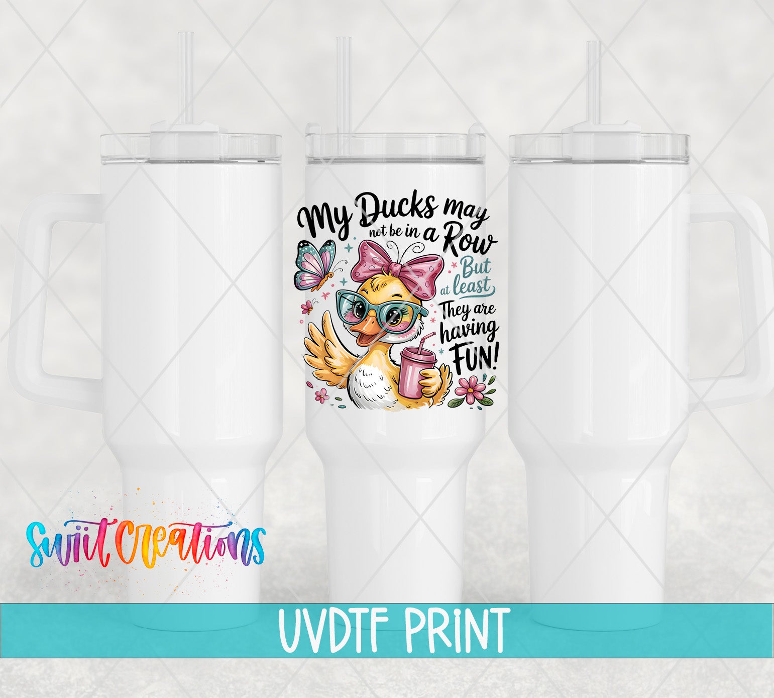 a white tumbler with a printed design on it, including a cartoon duck wearing sunglasses and holding a cup.