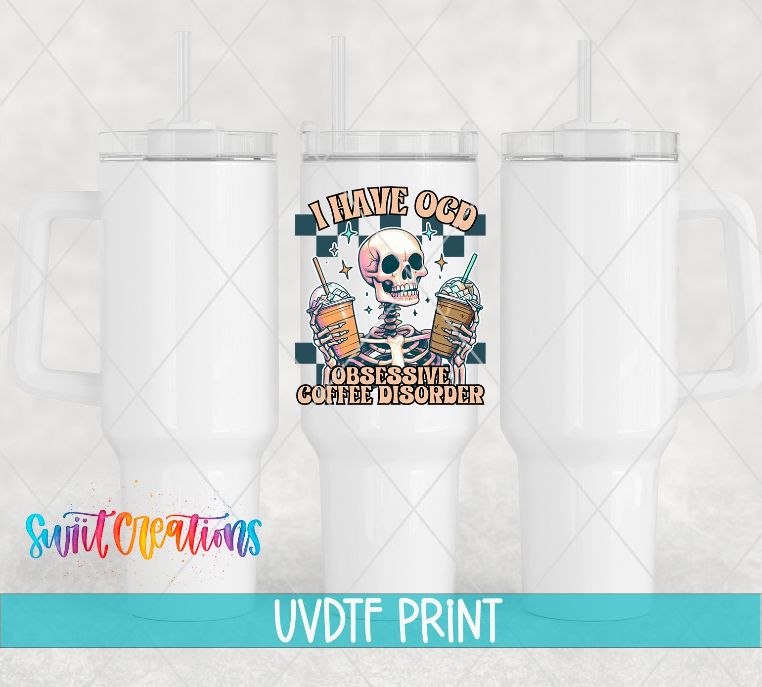 a set of three white tumblers with a skull on them