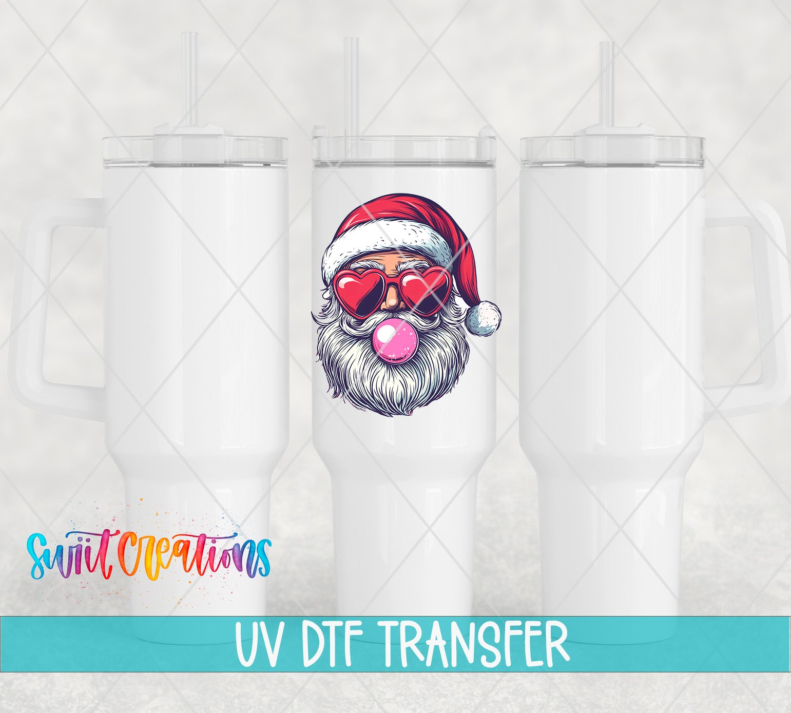 three white tumblers with a Santa Claus face design on them, along with the text "UV Dtf Transfer" and "Switc Productions" written below the tumblers.
