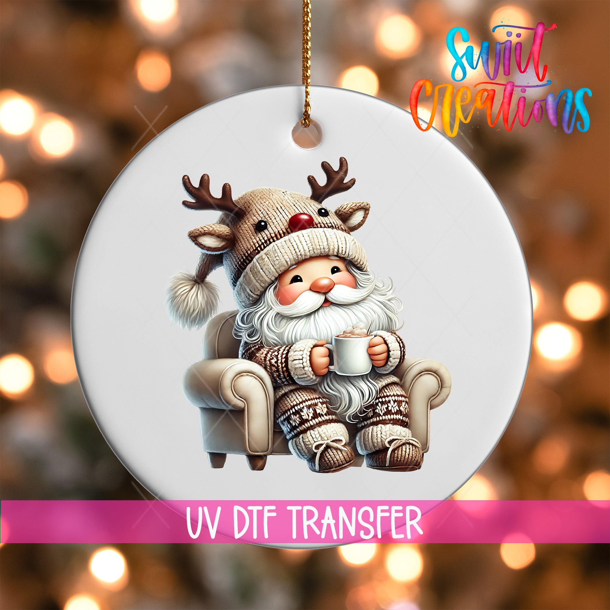 A white ornament featuring a cartoon Santa Claus wearing a reindeer hat and holding a cup, set against a blurred background with Christmas lights.