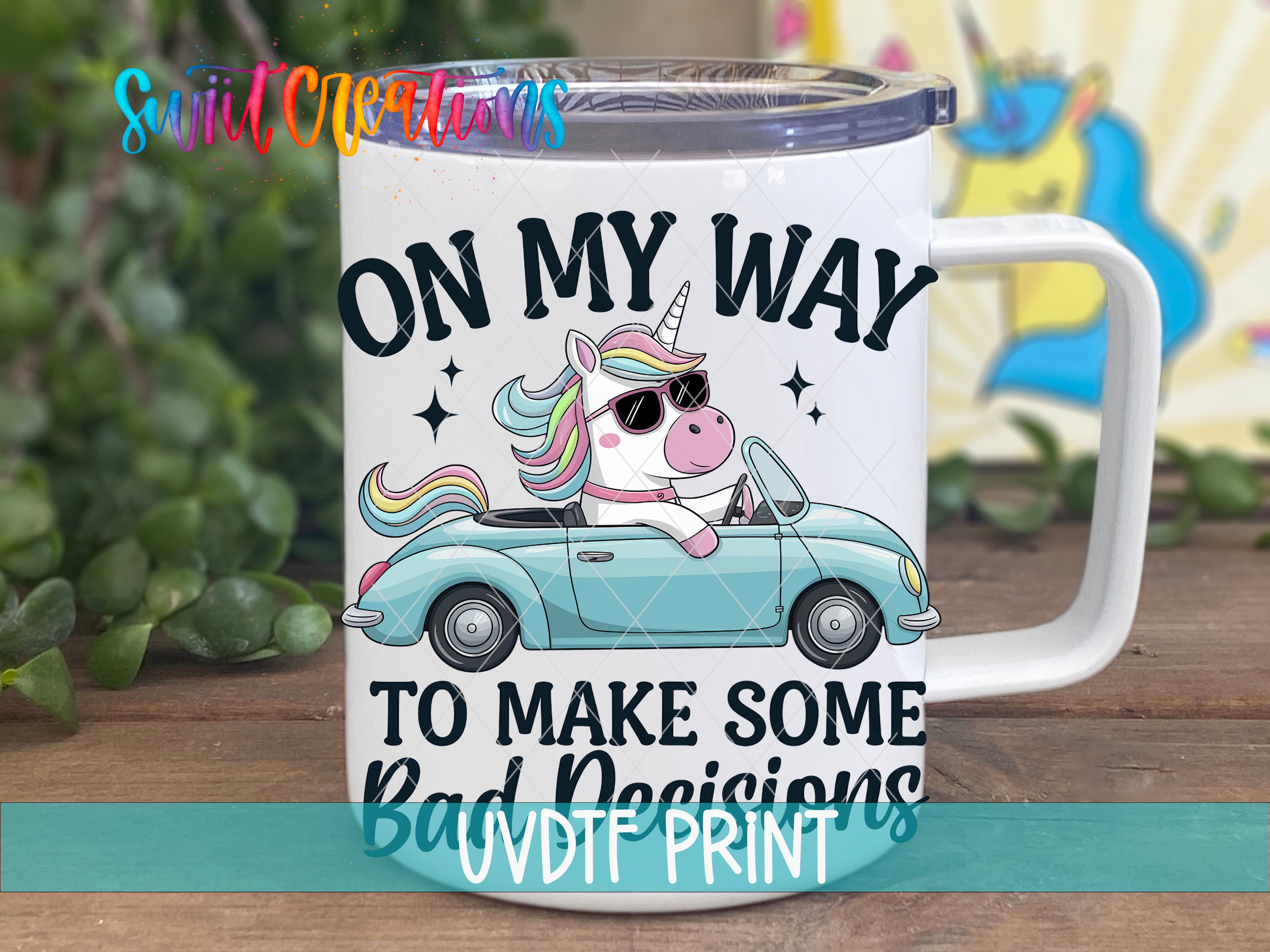 a white coffee mug with a unicorn driving a car
