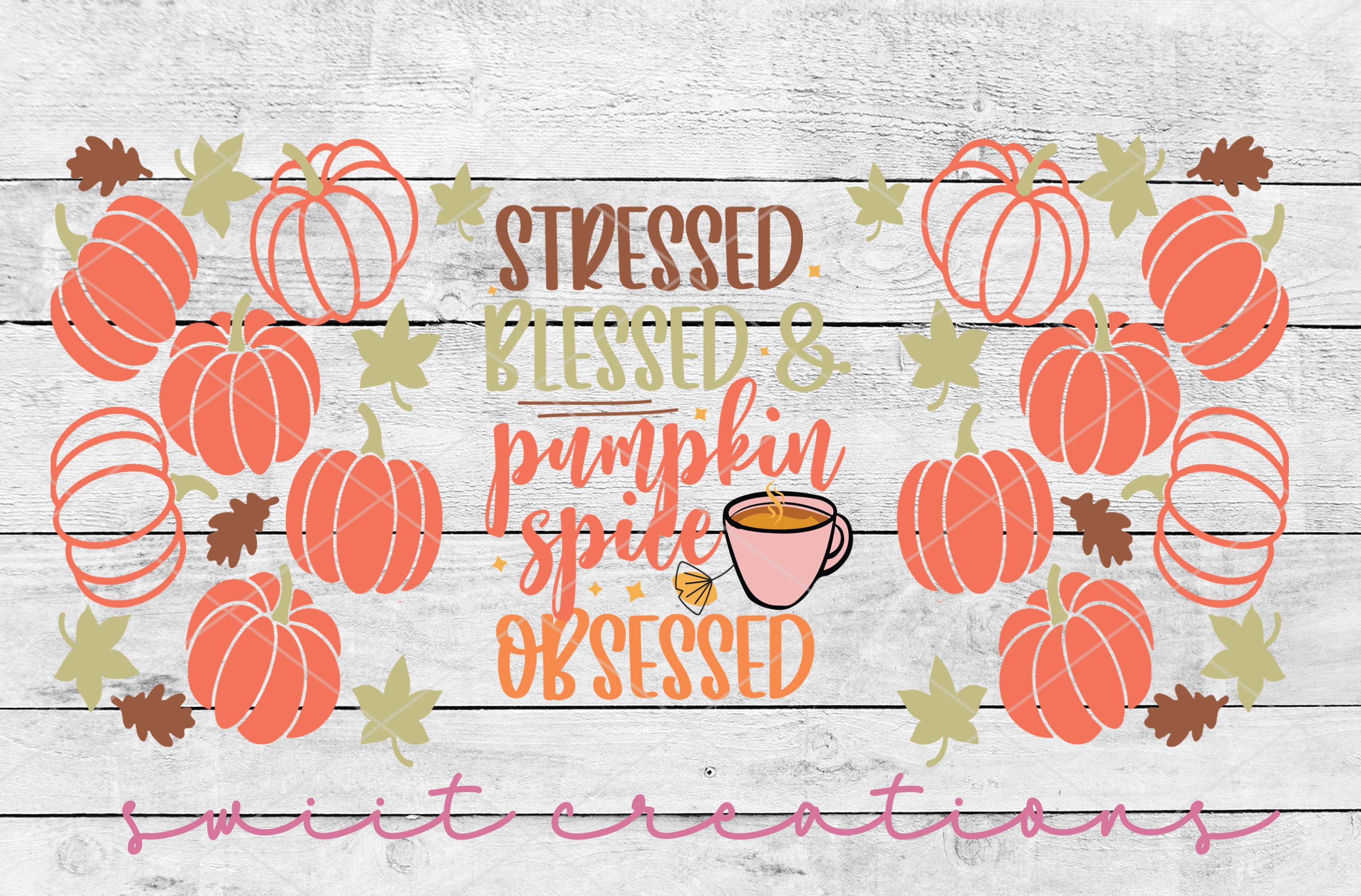 a wooden sign with pumpkins and a cup of coffee