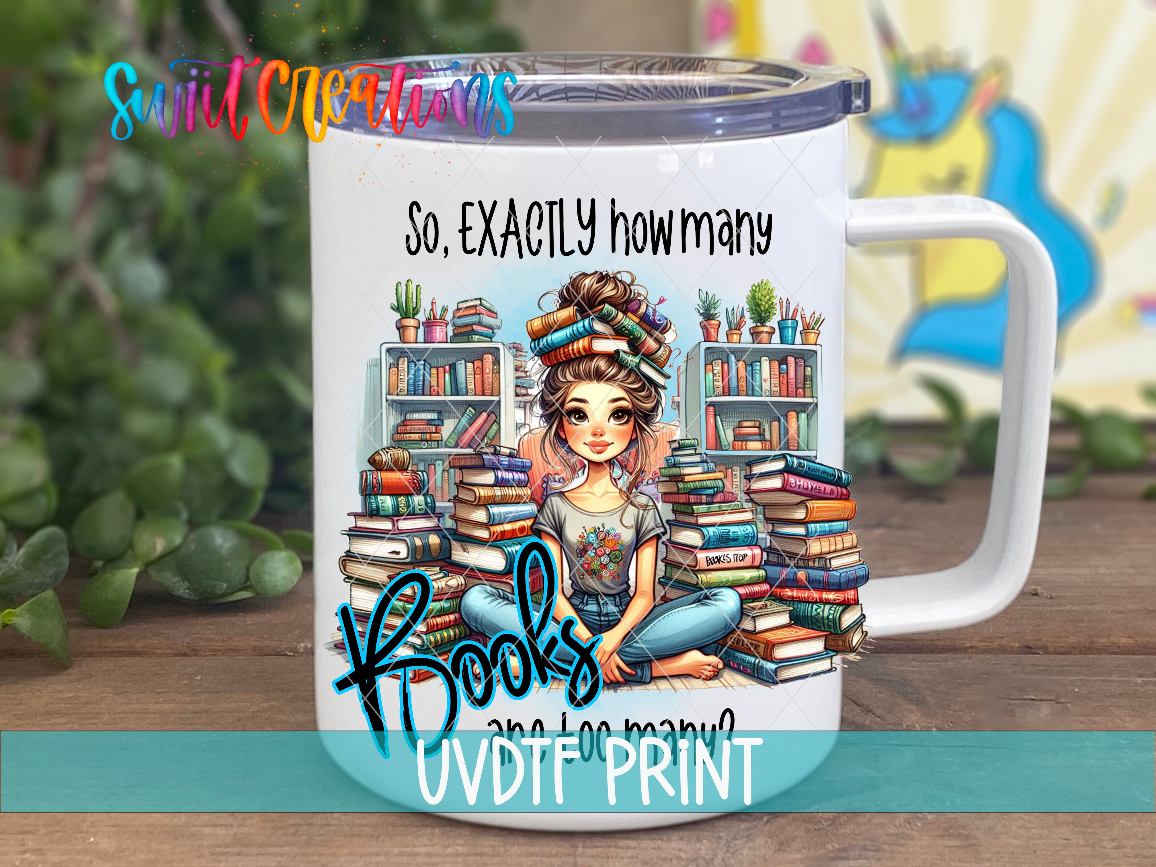 a white coffee mug with a picture of a girl sitting on a pile of books