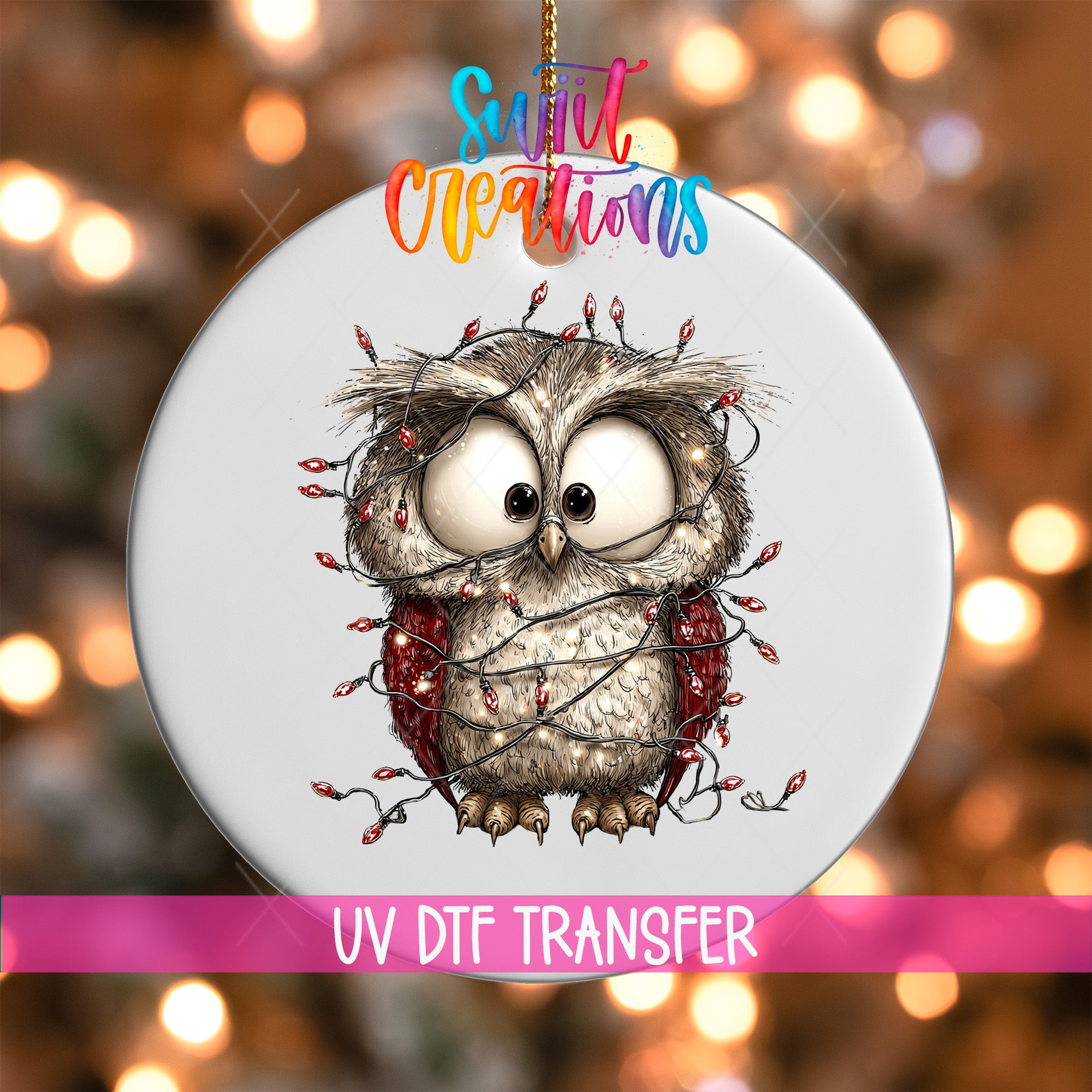 A ceramic ornament featuring a cartoon owl with a Christmas tree design, surrounded by red lights.
