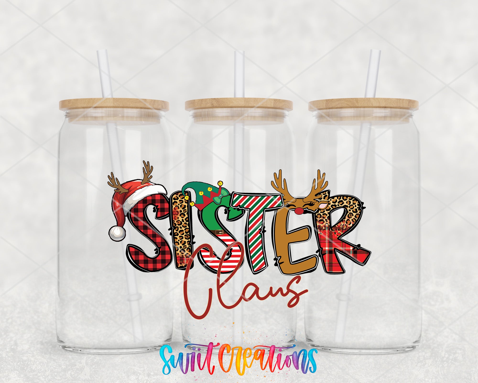 two clear tumblers with the words sister and christmas decorations on them