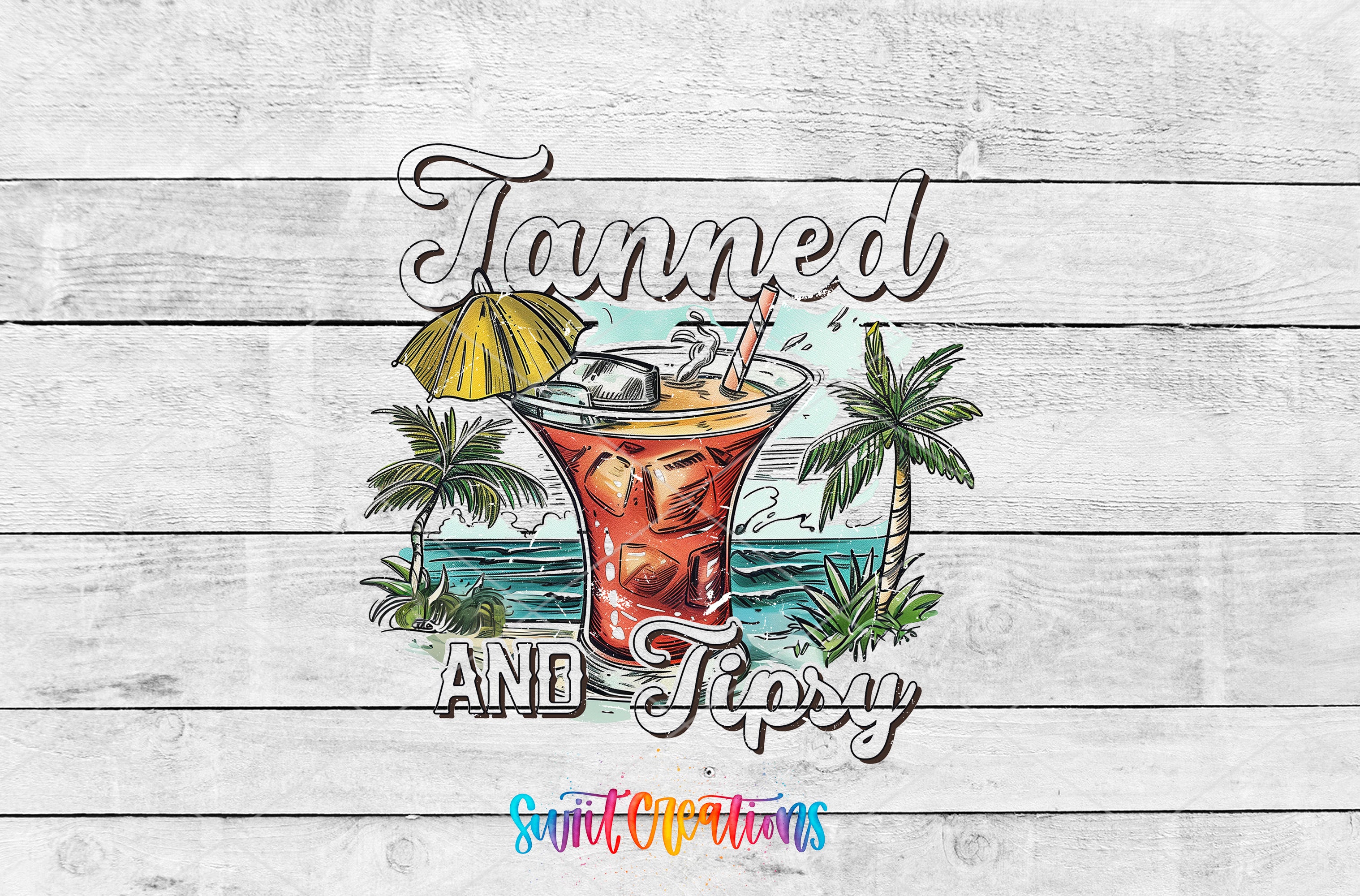 a colorful illustration of a tropical drink with a straw, palm trees, and a beach scene, accompanied by the text "Tanned and Tipsy" and "SwiftCravings".