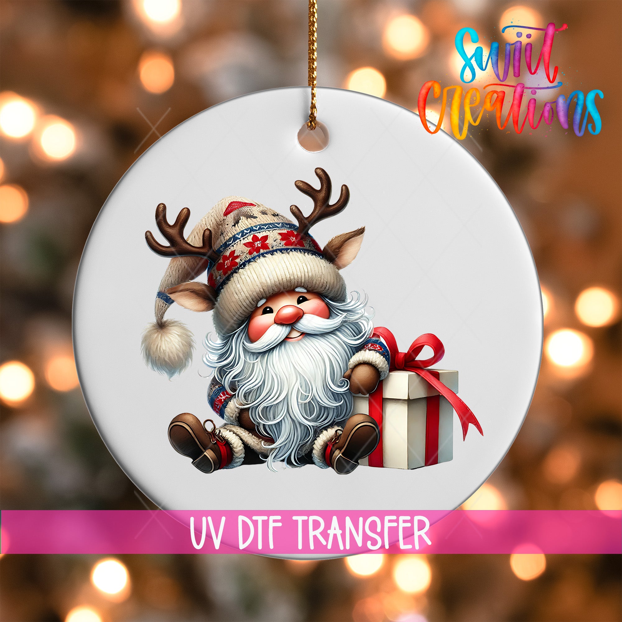 A white ornament featuring a cartoon Santa Claus holding a gift box and wearing a hat with antlers.