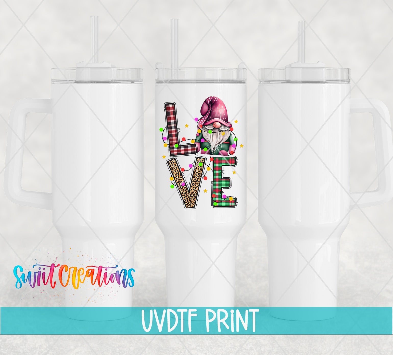 a set of three white tumblers with the word love on them