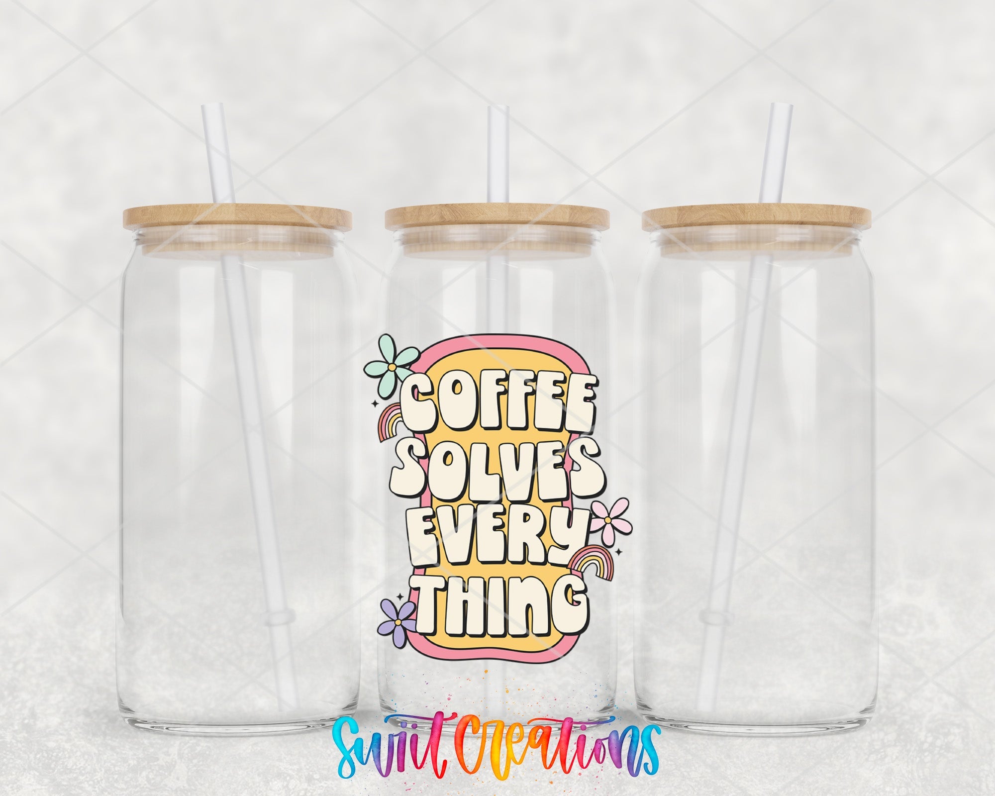 two plastic cups with straws on top of them
