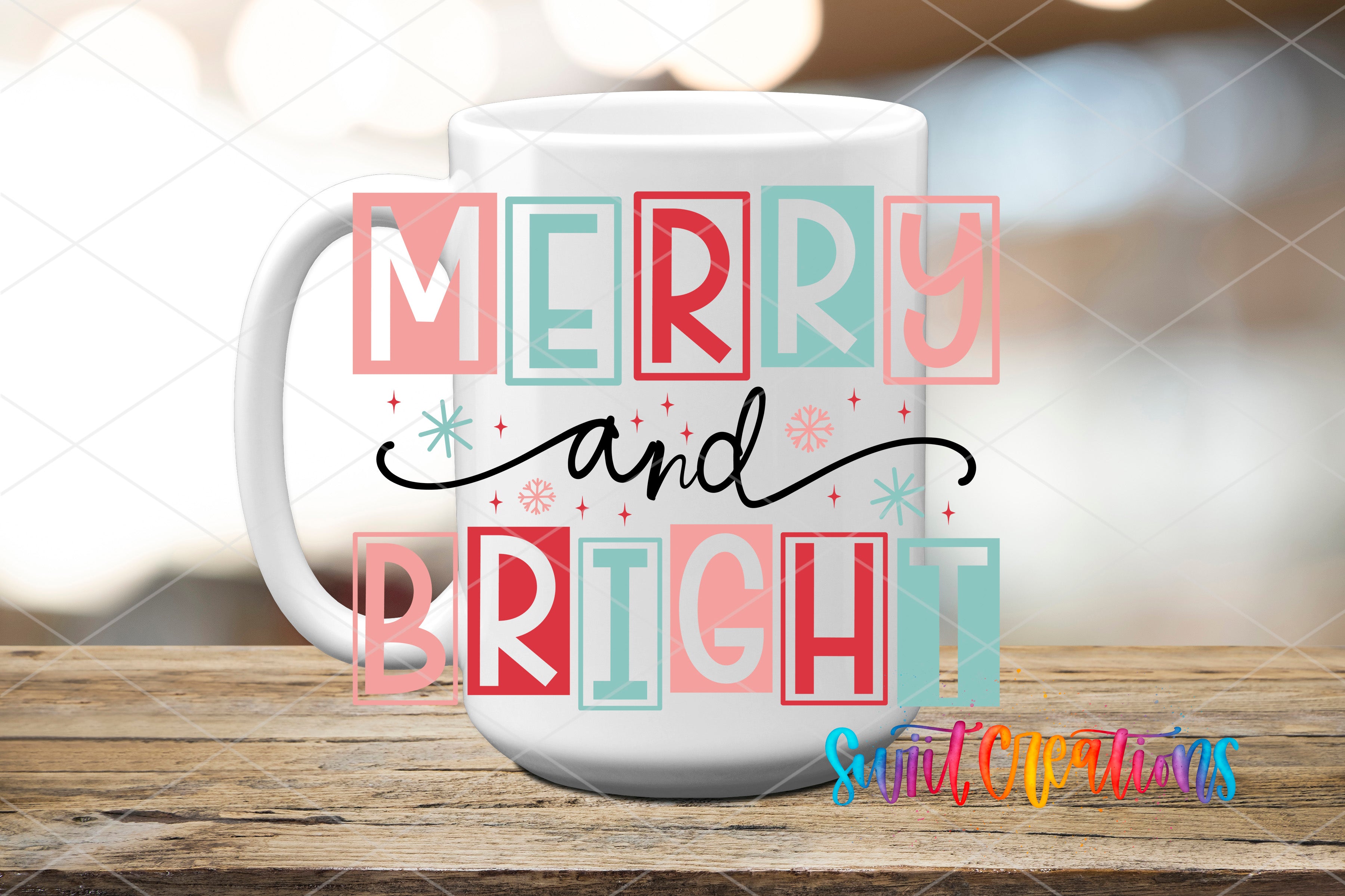 A white mug with the text "MERRY AND BRIGHT" printed on it, along with decorative snowflakes and stars.