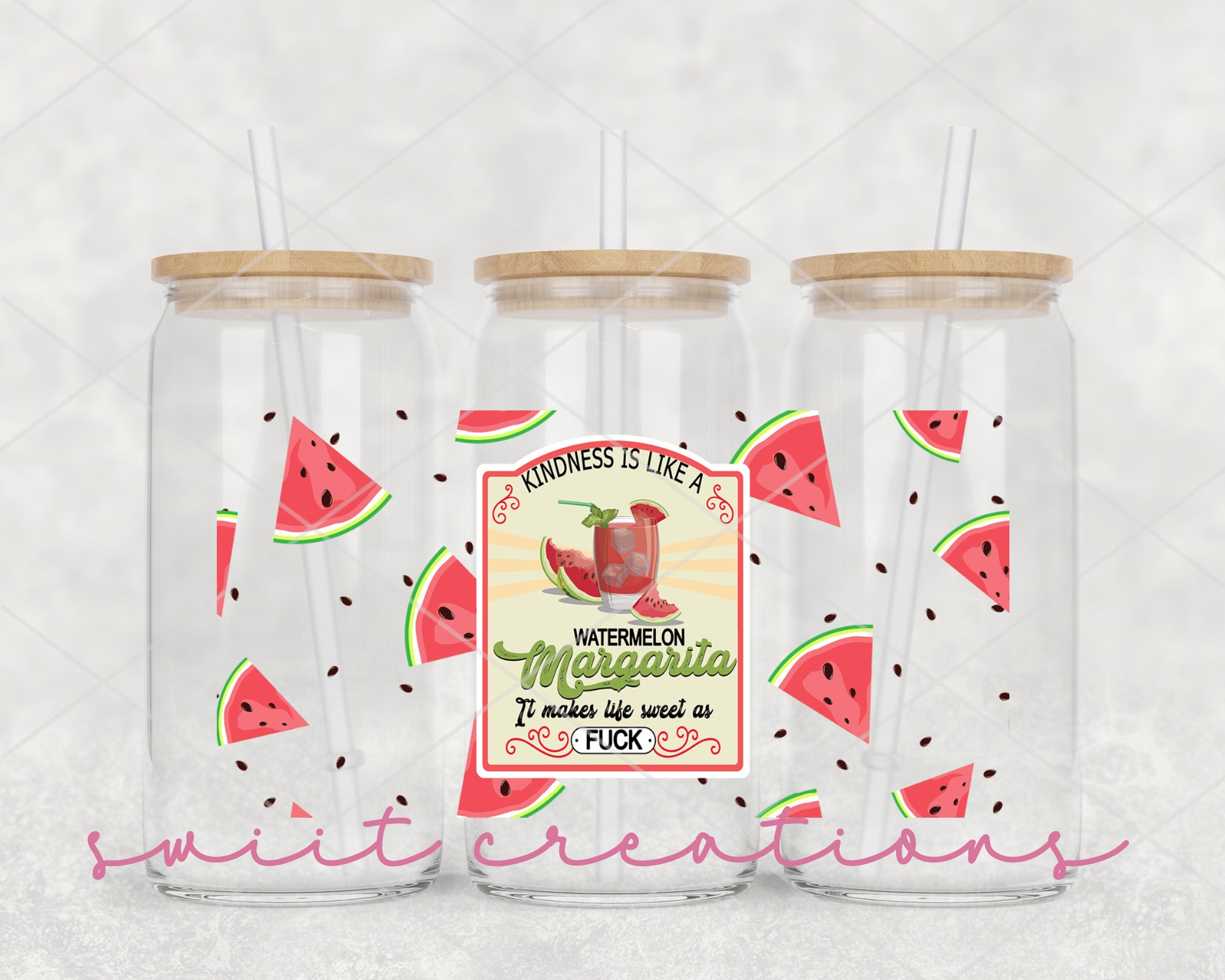 three watermelon drink bottles with straws in them