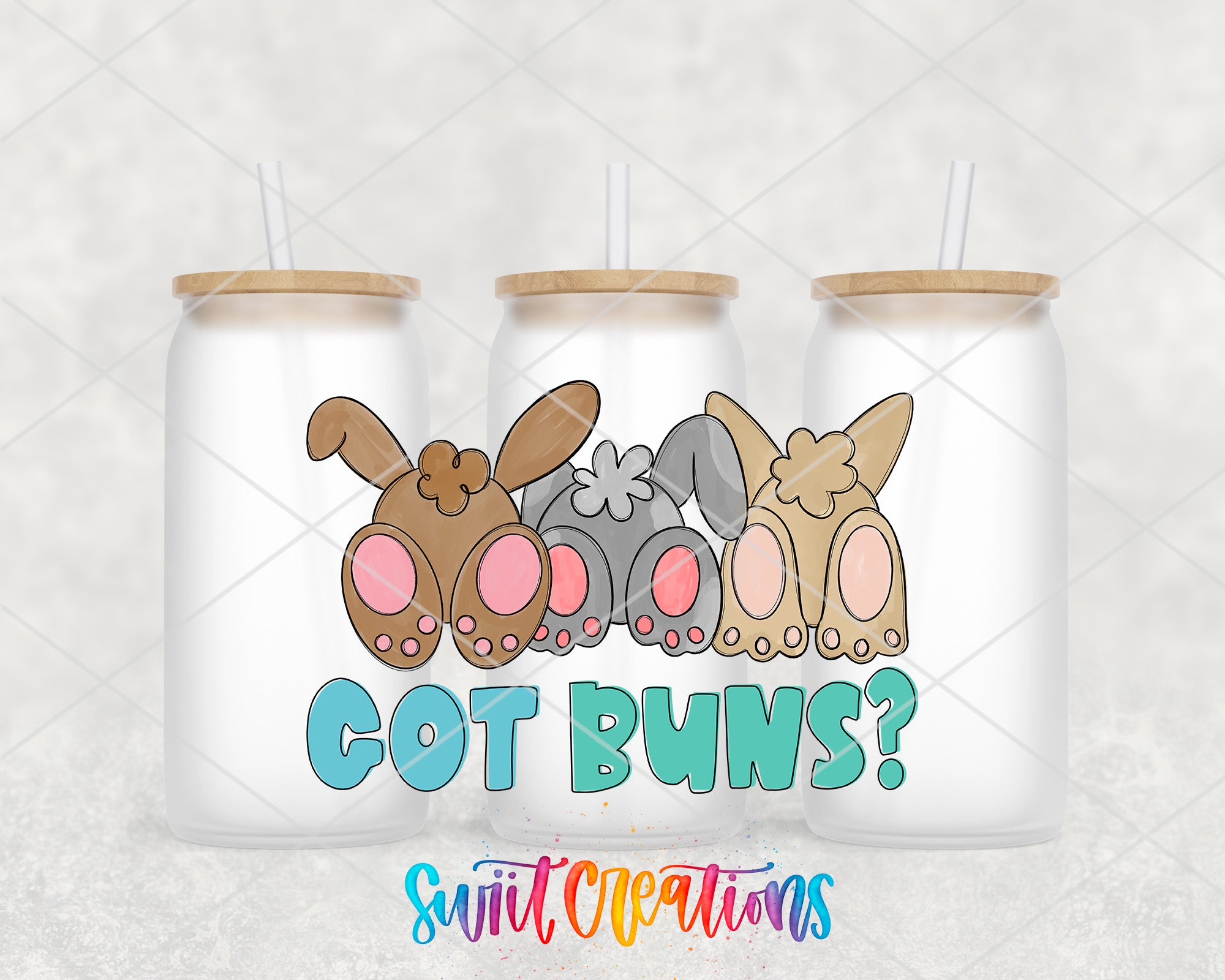 three coffee mugs with the words got buns on them