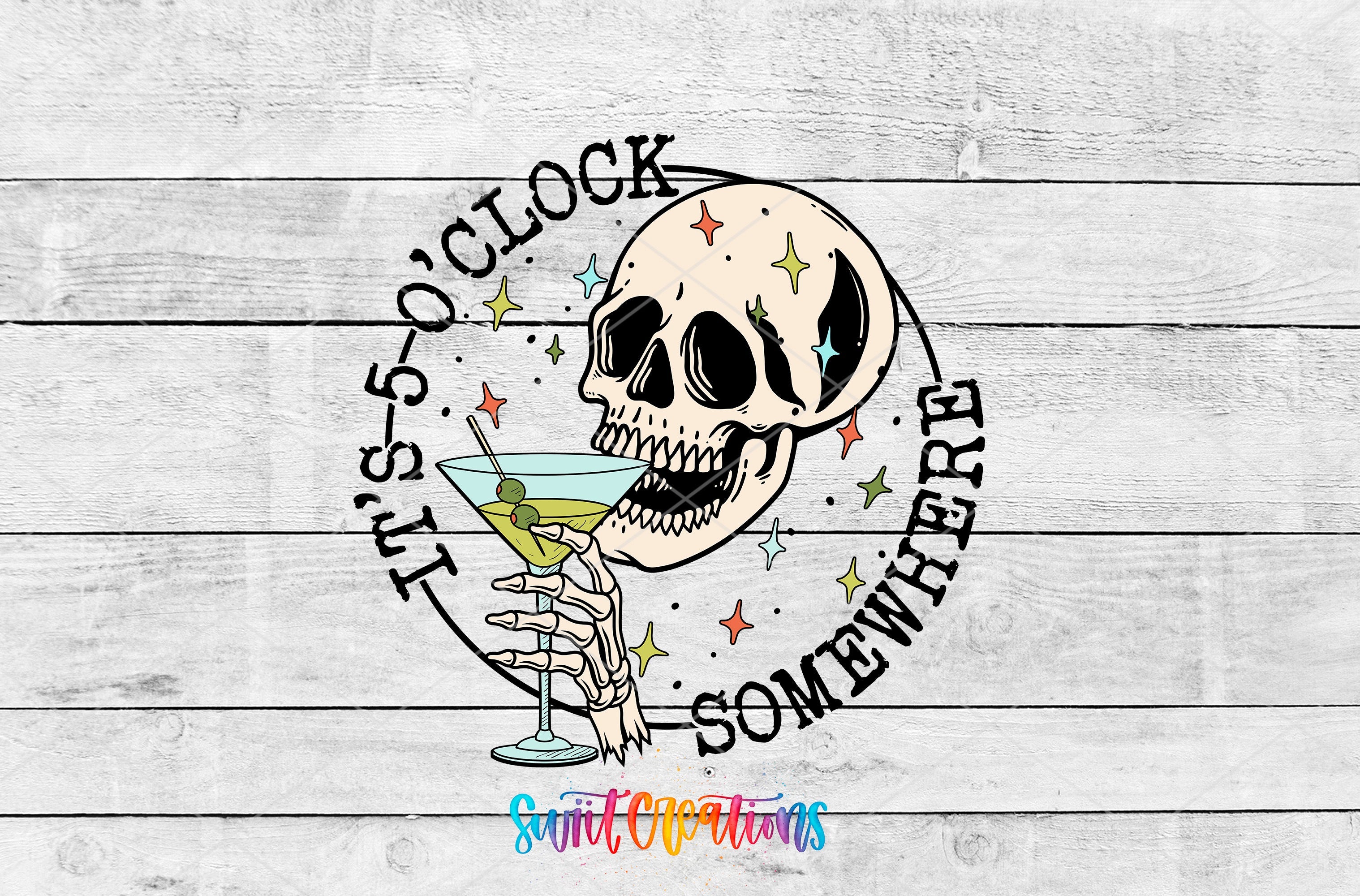 a skull holding a martini glass with the words happy halloween written on it