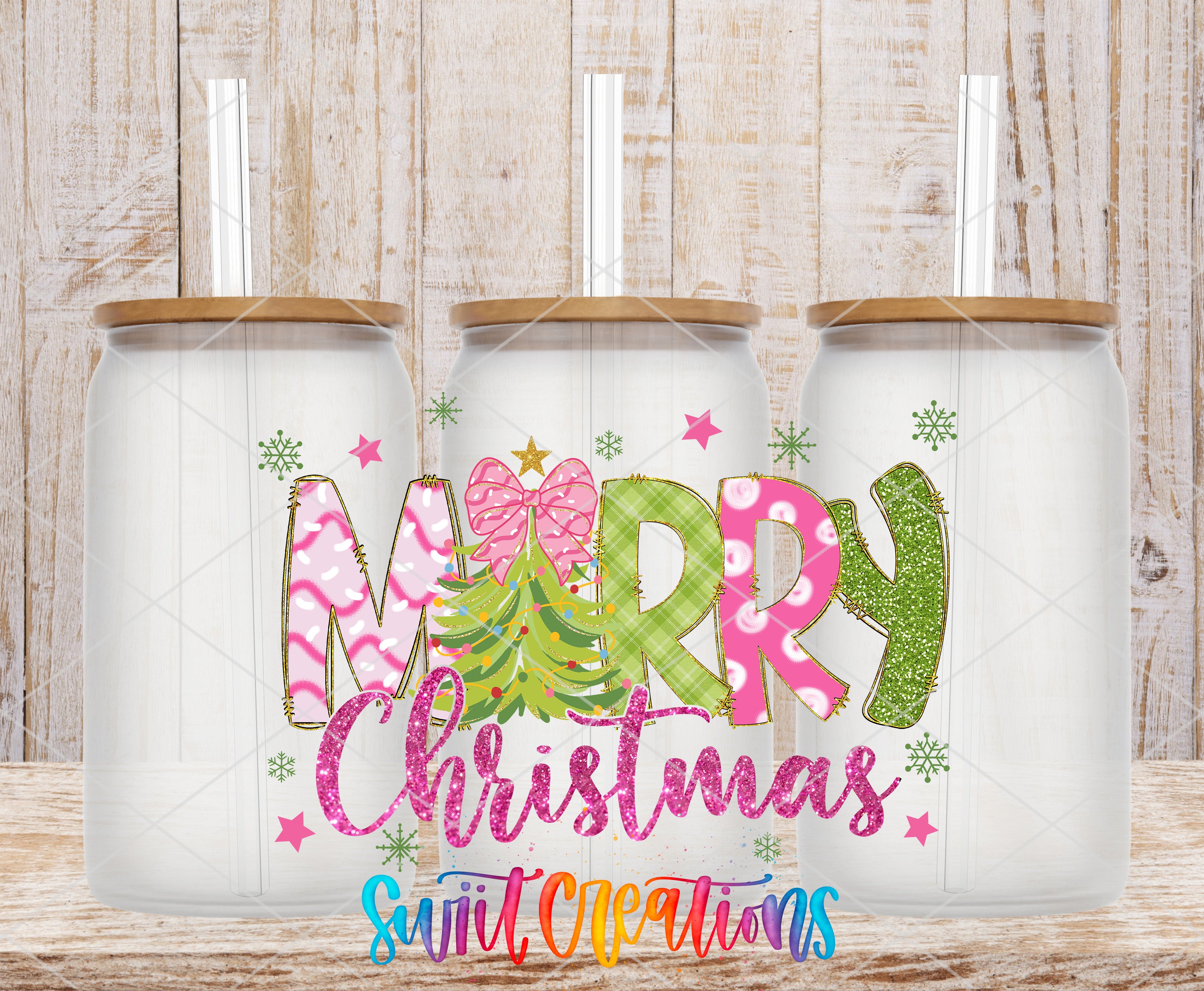 three white glass jars with the text "Merry Christmas" written on them, along with various Christmas-themed decorations such as snowflakes and stars.
