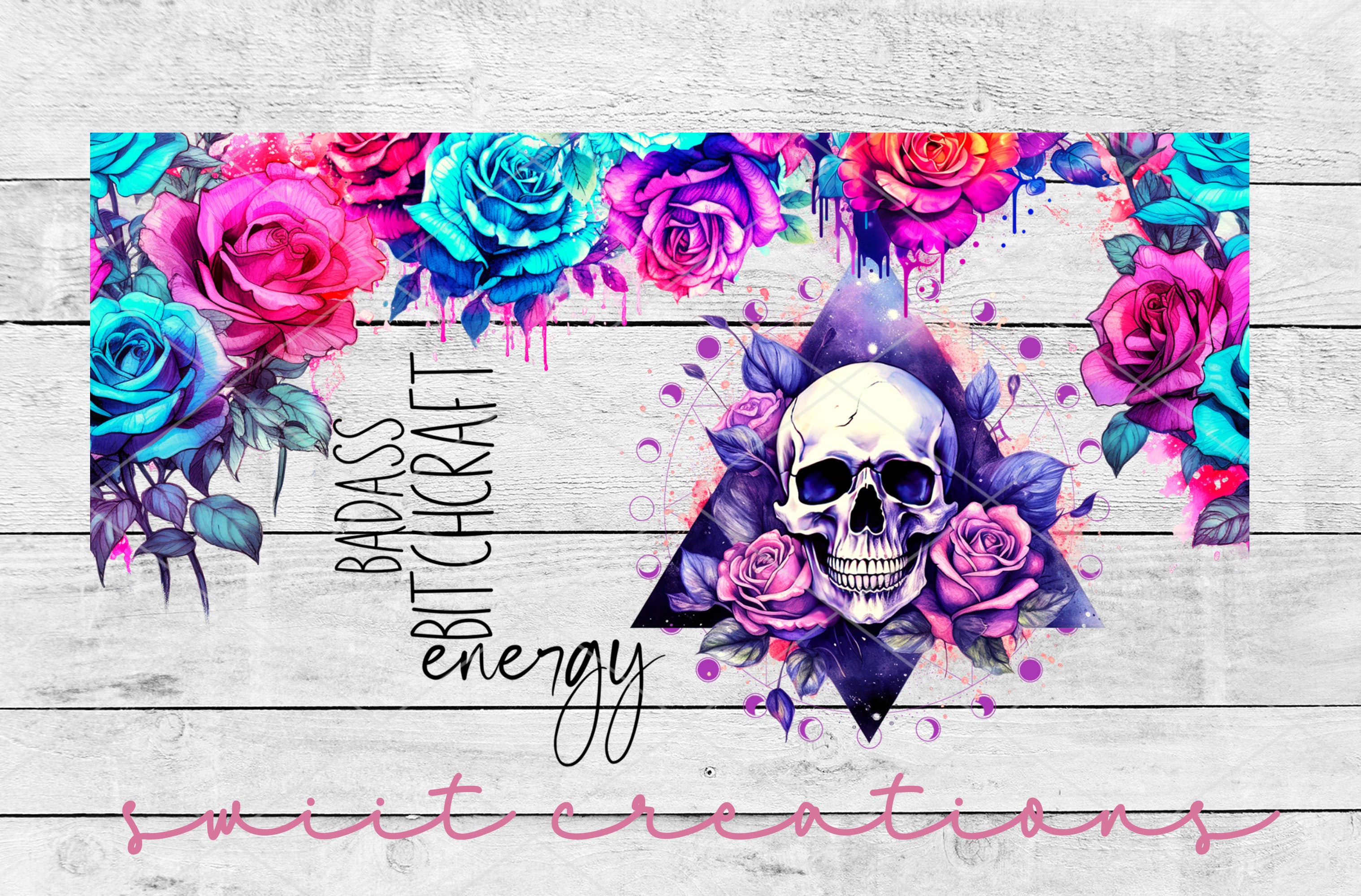a picture of a skull and roses on a wooden background