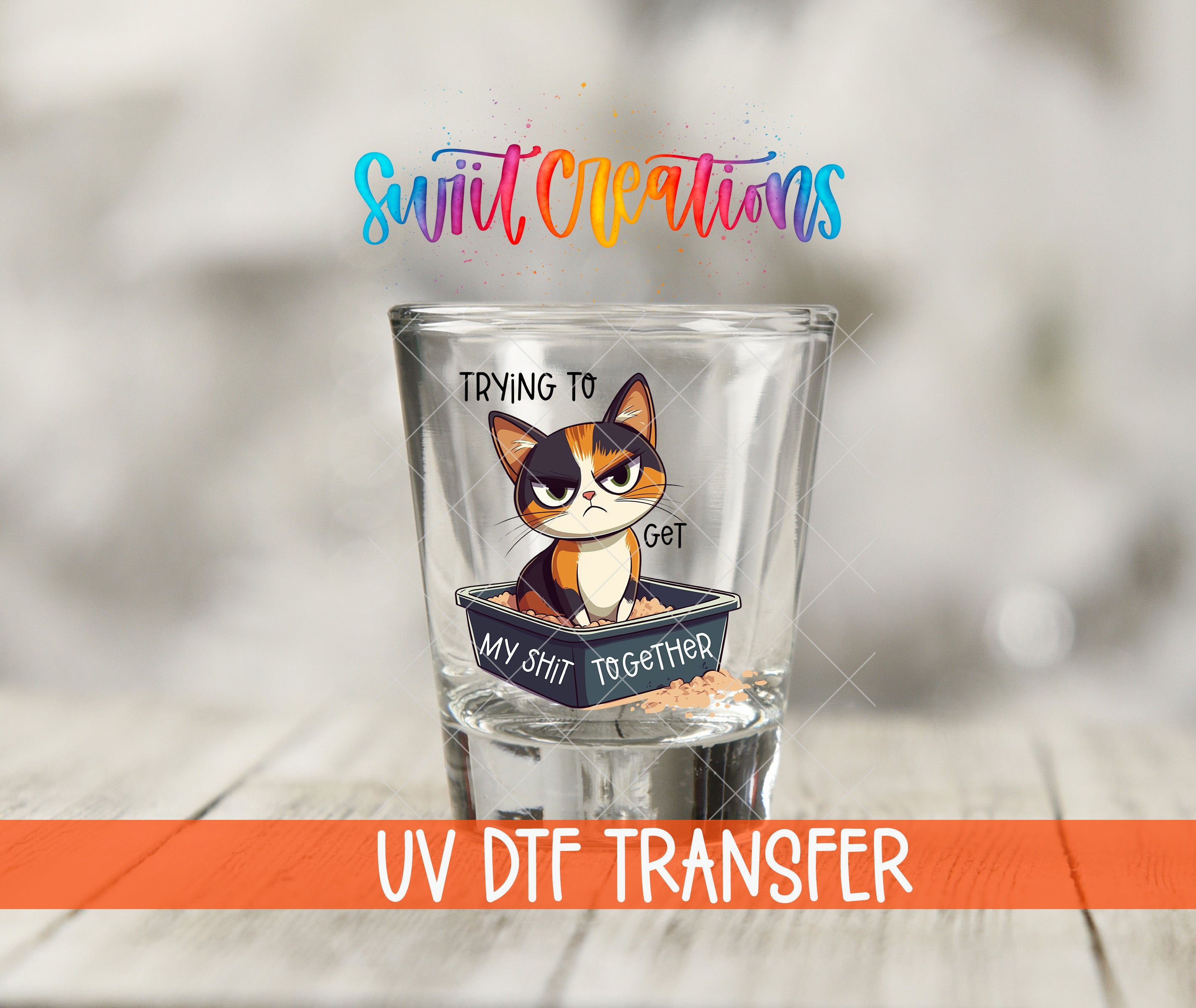 A glass with a cartoon cat illustration and text, along with a colorful logo and text that says "UV Dtf Transfer".