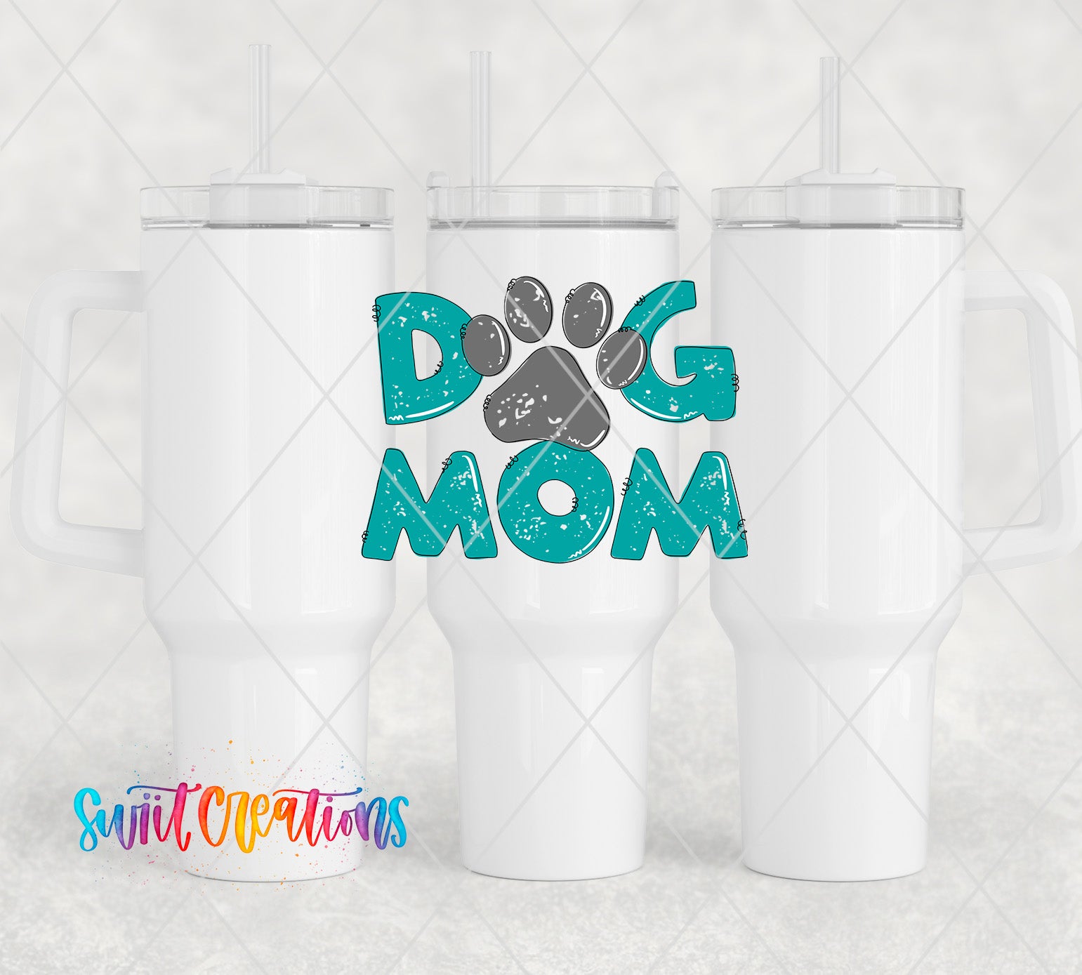 a couple of mugs with a dog mom design on them