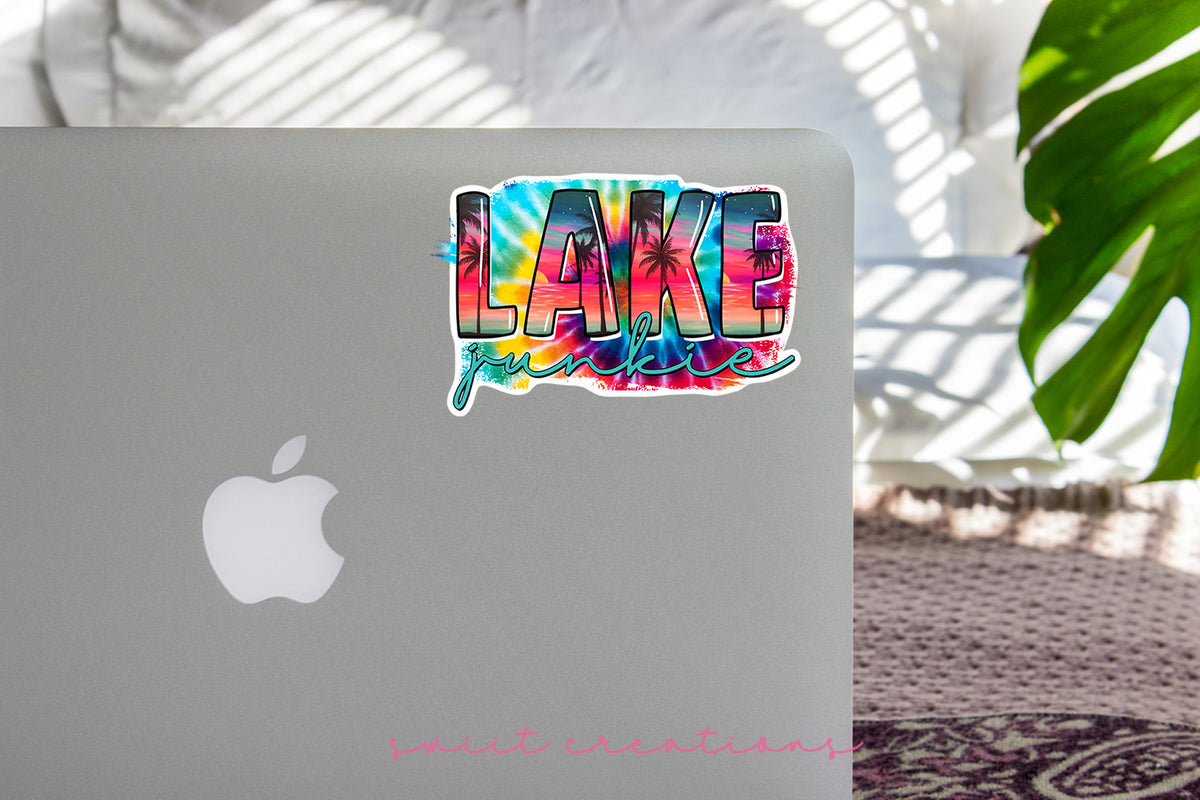 Lake Junkie sticker on the lid of a silver laptop