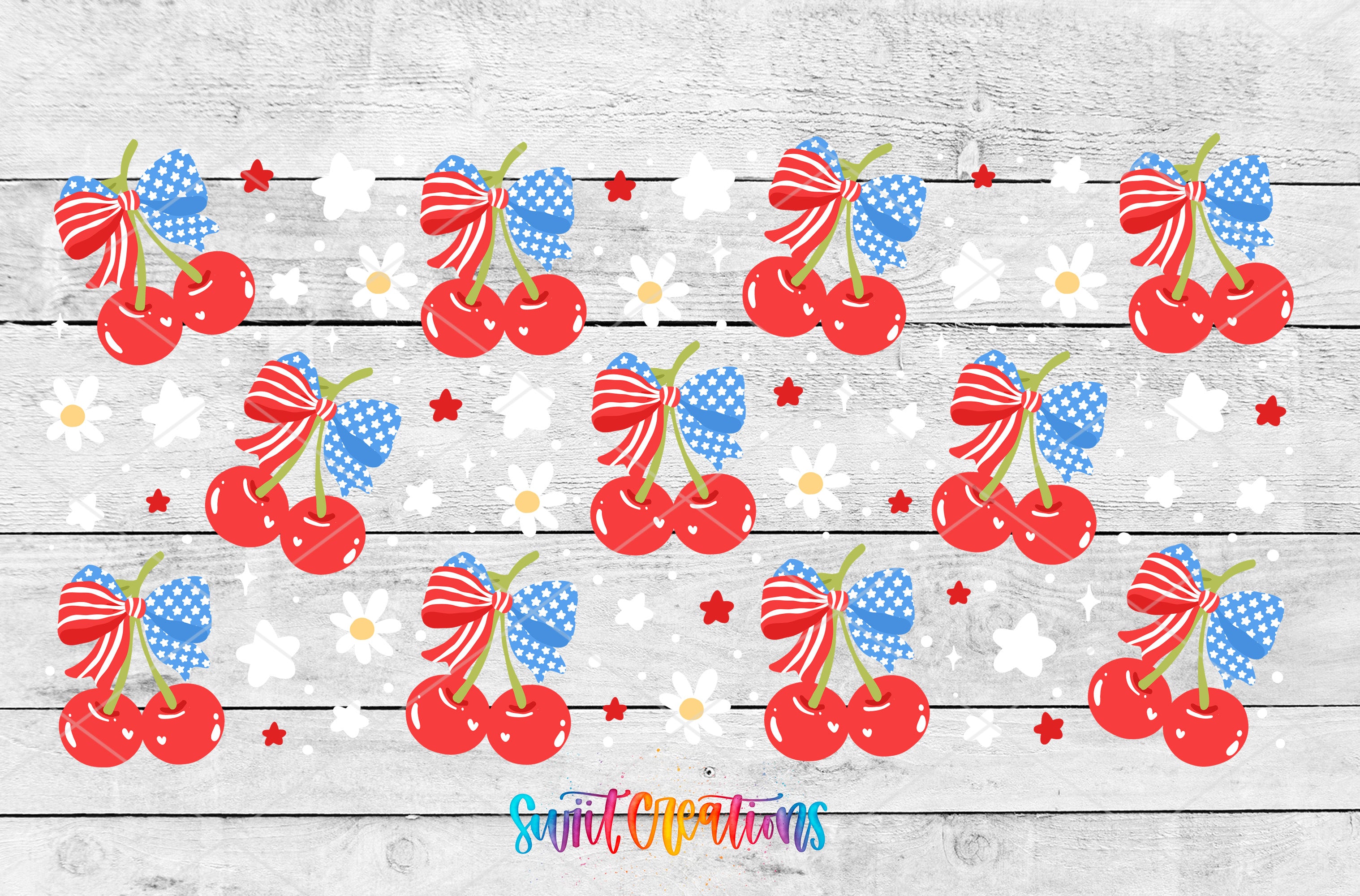 The image is a collage of various images featuring cherries, flowers, and stars, all set against a wooden background.