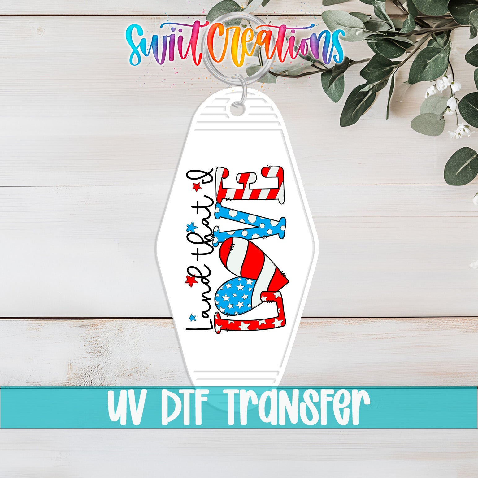 A keychain with a patriotic design featuring an American flag and the text "Love is love" in a stylized font.